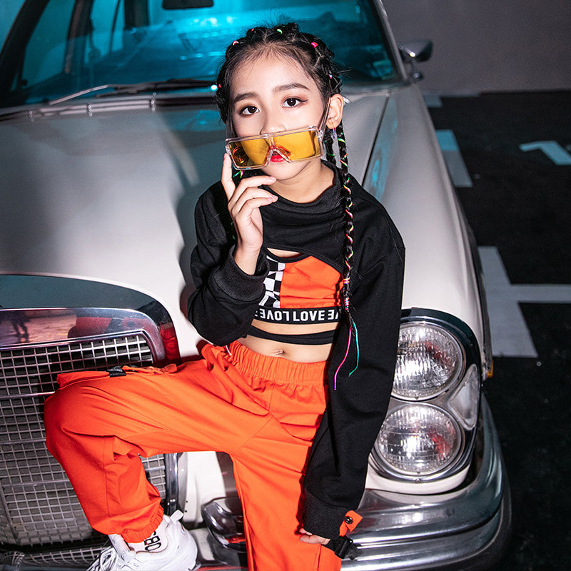 Girl's Black Crop Top Vest Orange Jogger Pants Set Hip Hop Outfit