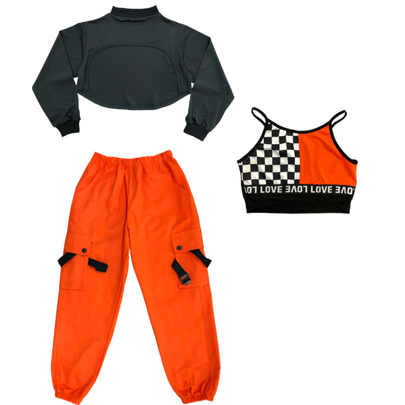 Girl's Black Crop Top Vest Orange Jogger Pants Set Hip Hop Outfit