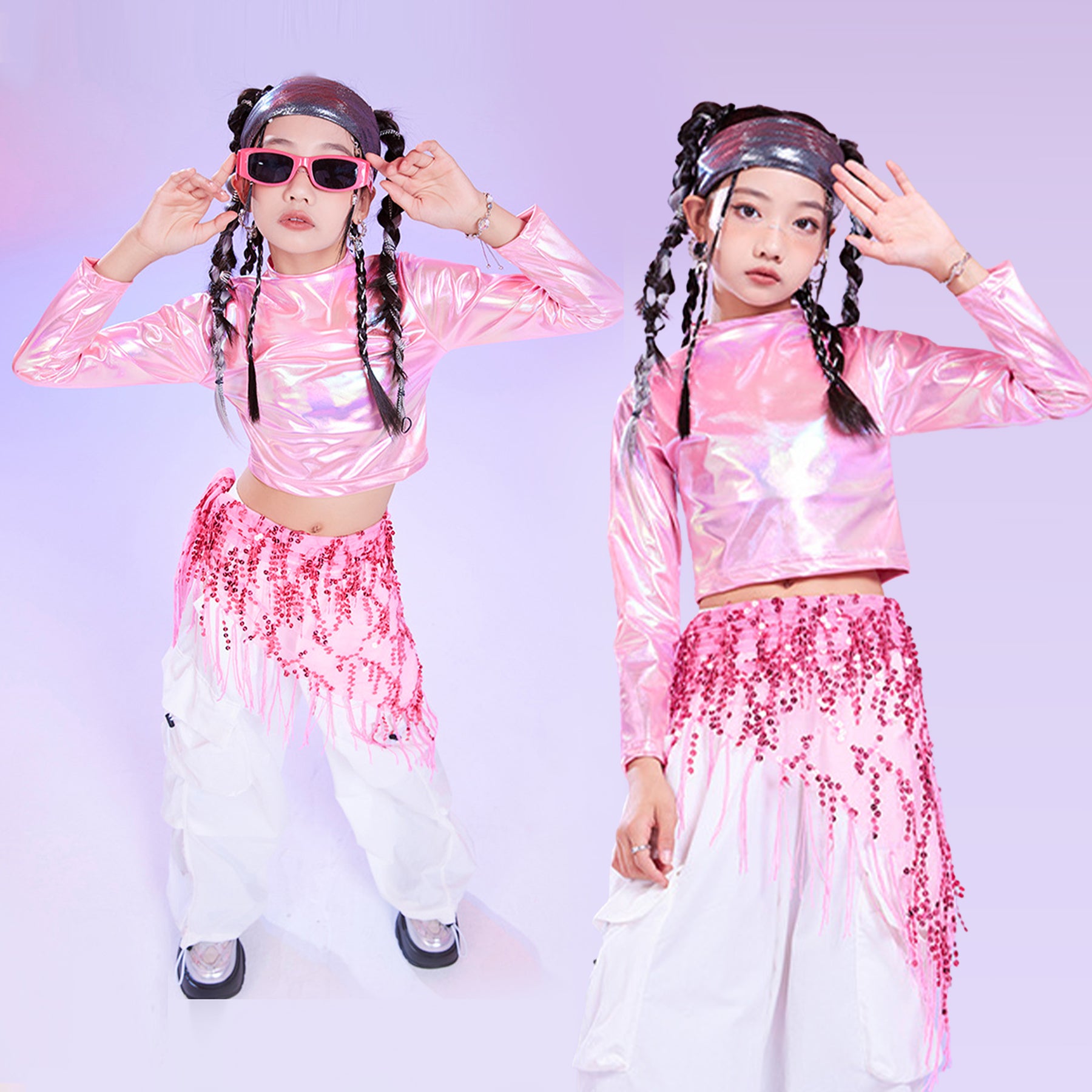 Metallic Dance Tops for Girls Long Sleeve Cropped Top