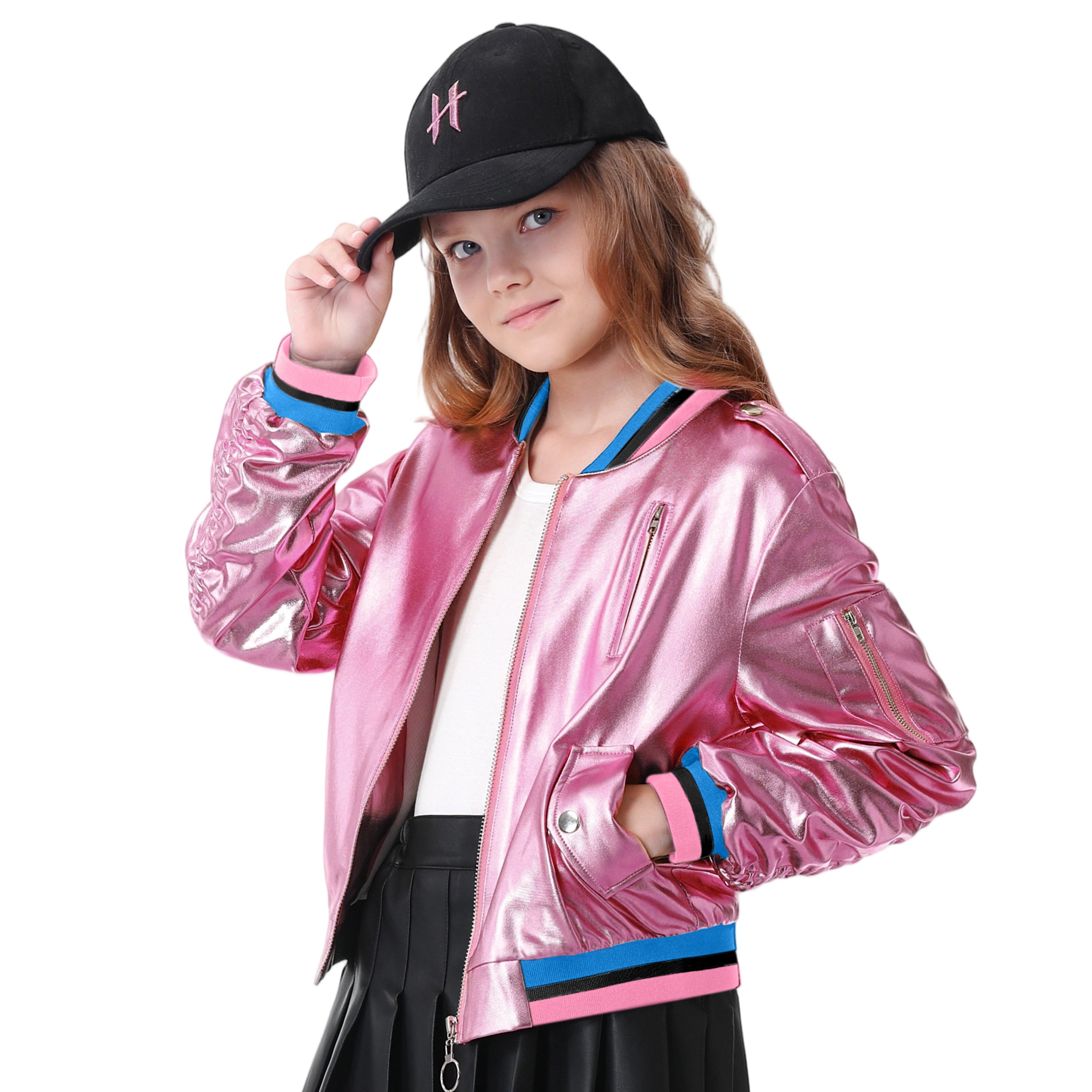 Kids Metallic Shiny Jacket Lightweight Y2K Disco Streetwear Girls Bomber Jacket