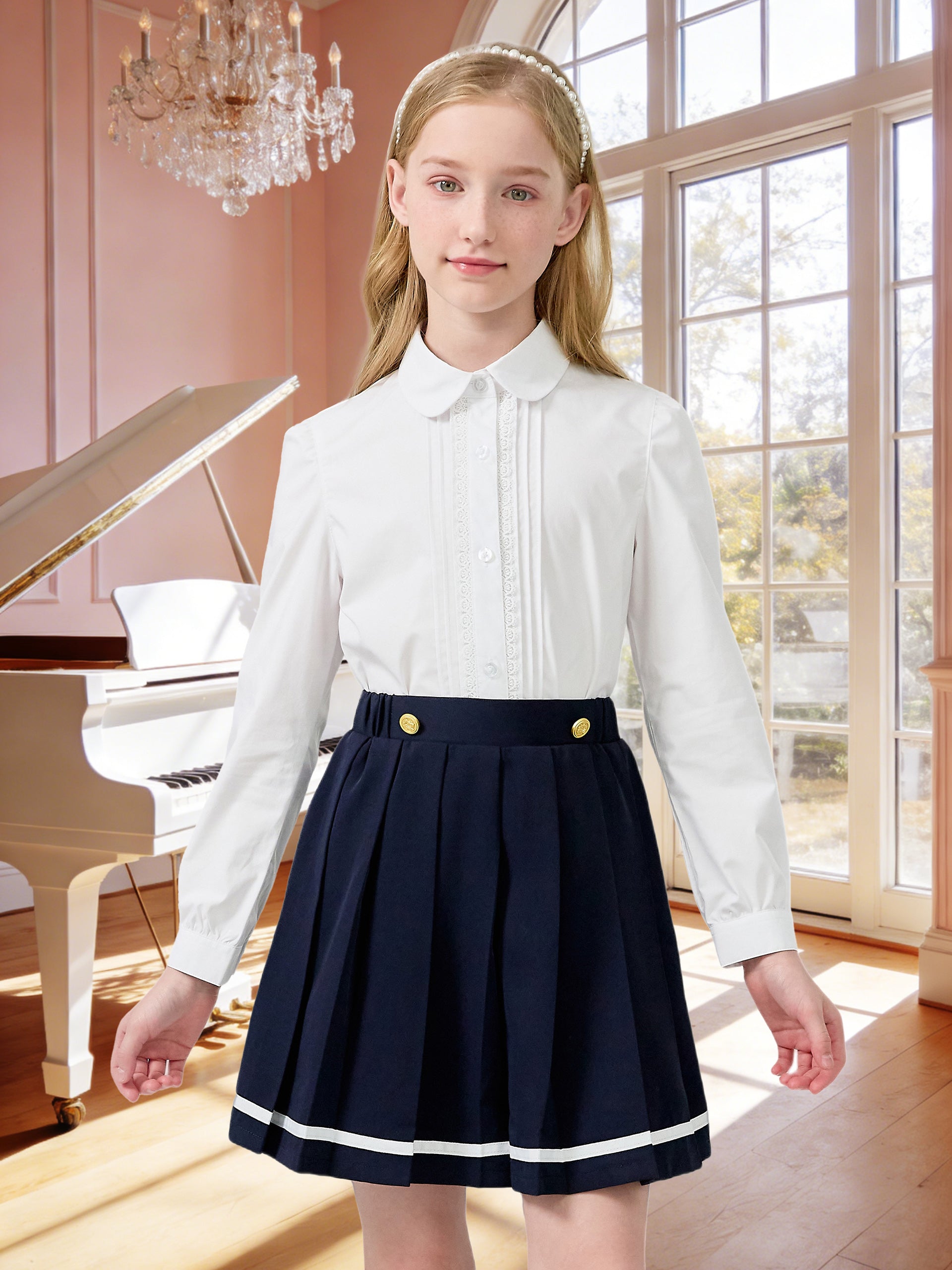 Girls Long Sleeve Uniform Shirt Kids Button Down Shirts
