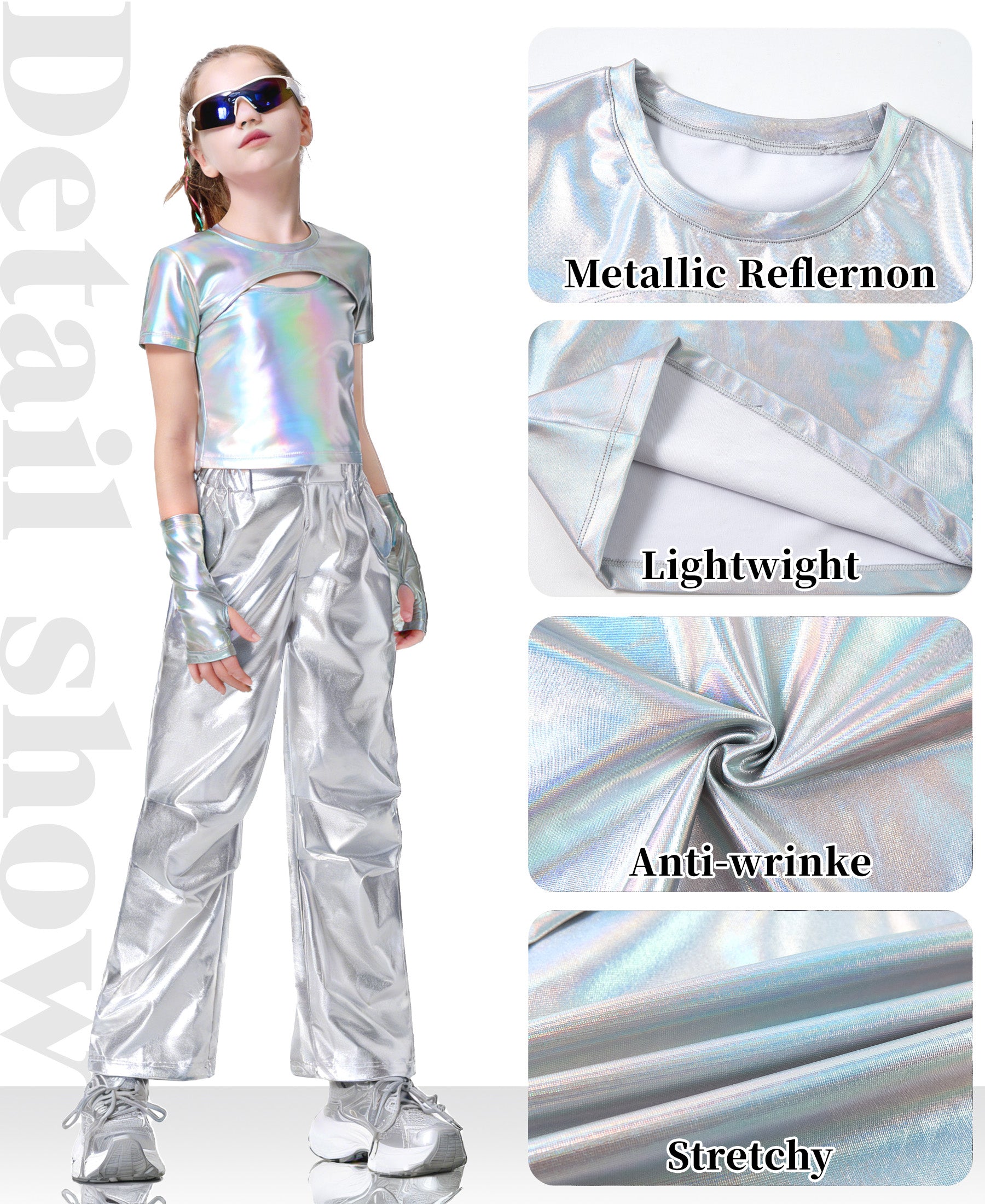 Girls Metallic Shirts with Arm Sleeves Slim Fit Stretchy Shiny Hip Hop Dance Top