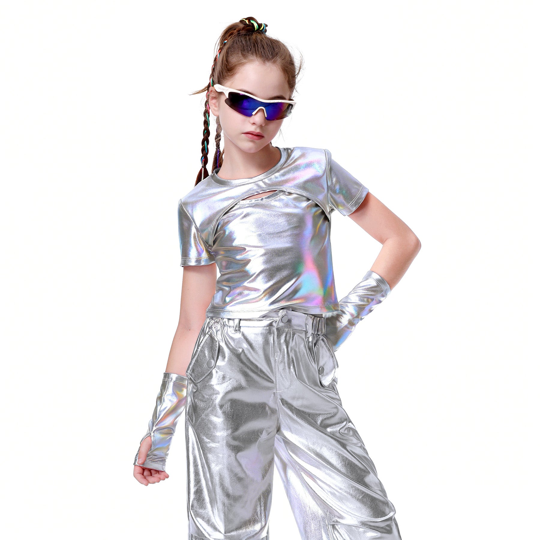 Girls Metallic Shirts with Arm Sleeves Slim Fit Stretchy Shiny Hip Hop Dance Top