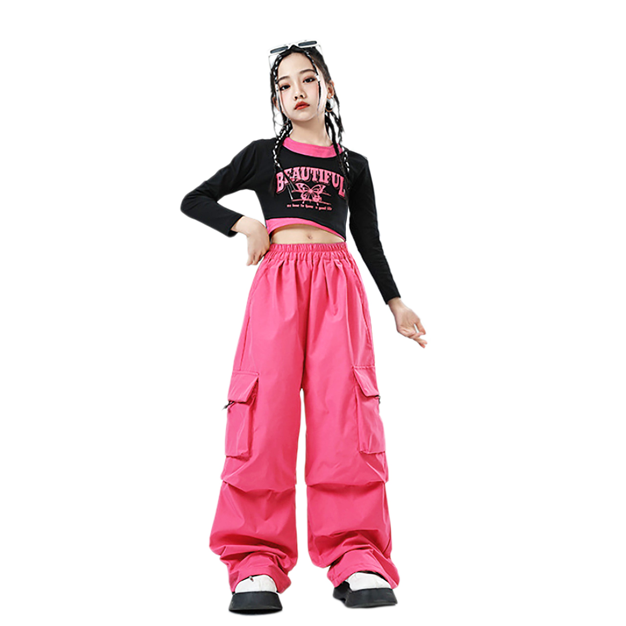 Girls 2 Piece Hip Hop Dance Outfits Long Sleeve Crop Top Cargo Pants Set