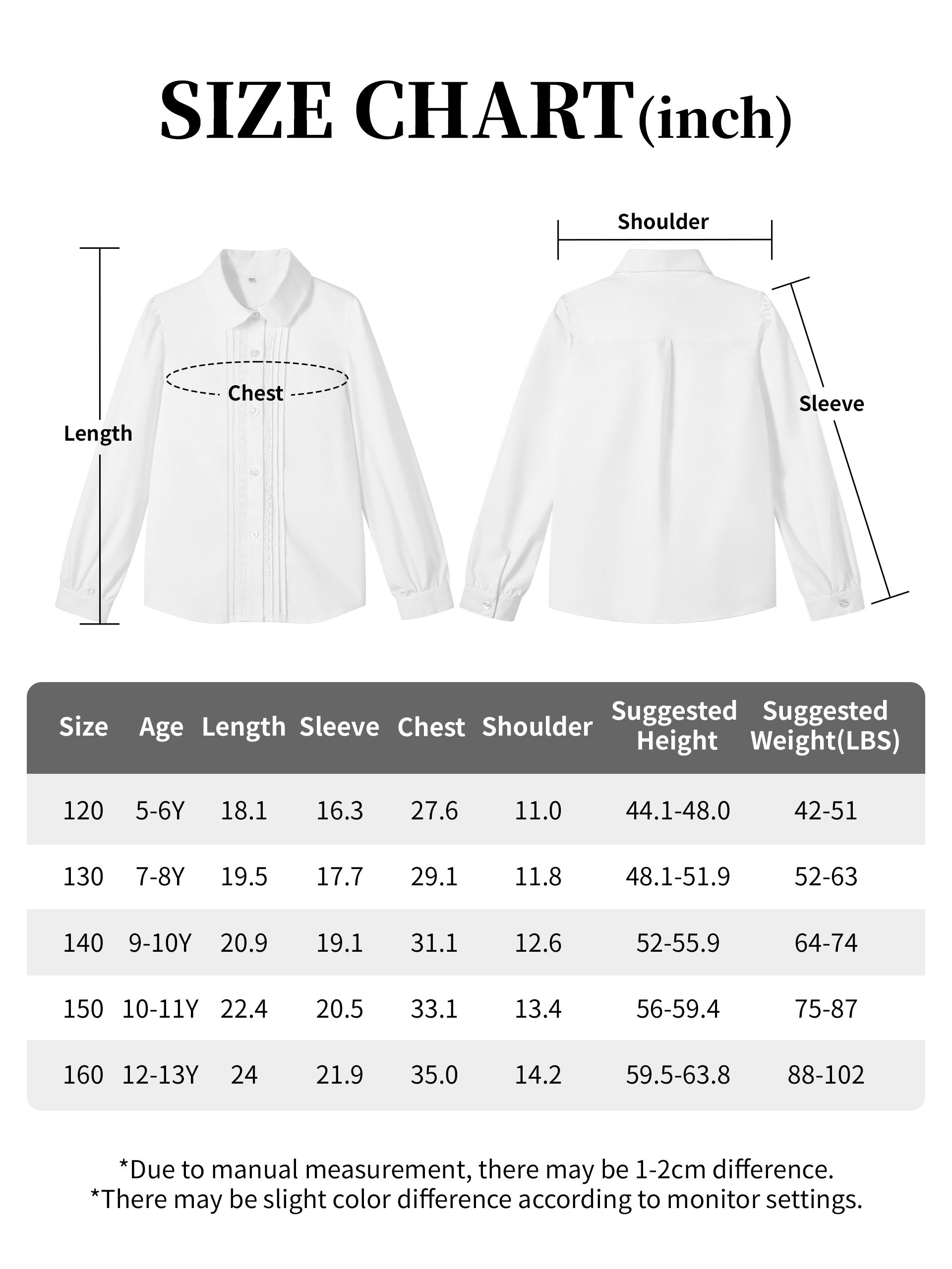 Girls Long Sleeve Uniform Shirt Kids Button Down Shirts