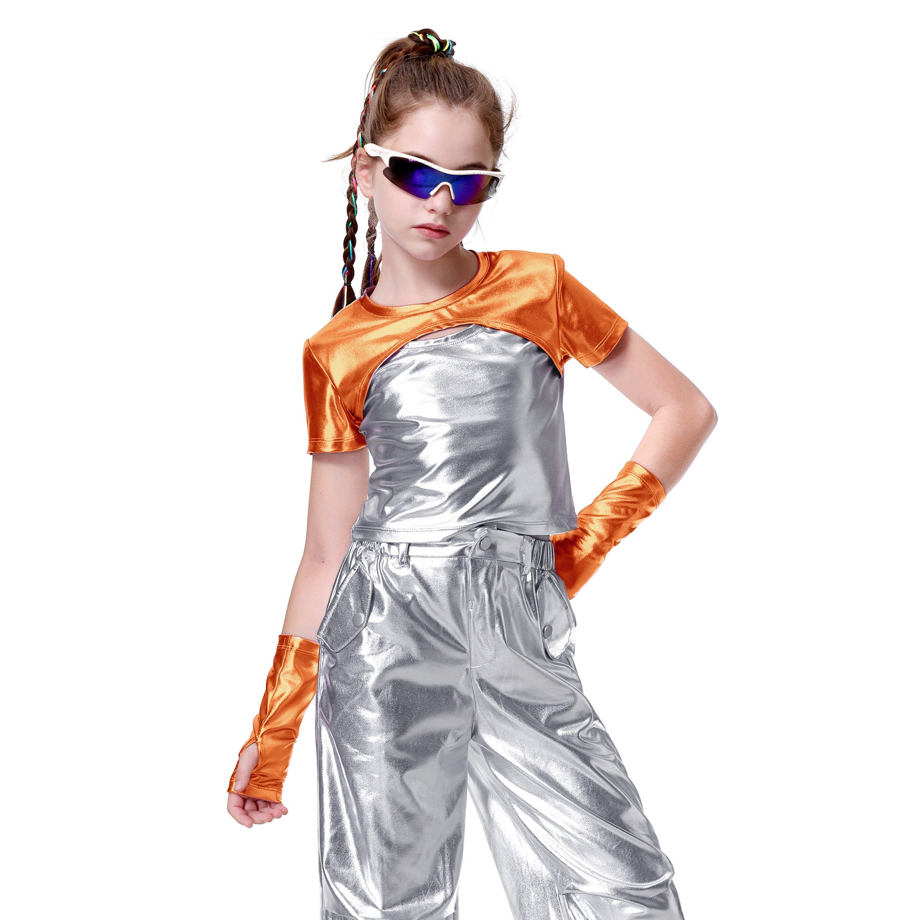 Girls Metallic Shirts with Arm Sleeves Slim Fit Stretchy Shiny Hip Hop Dance Top