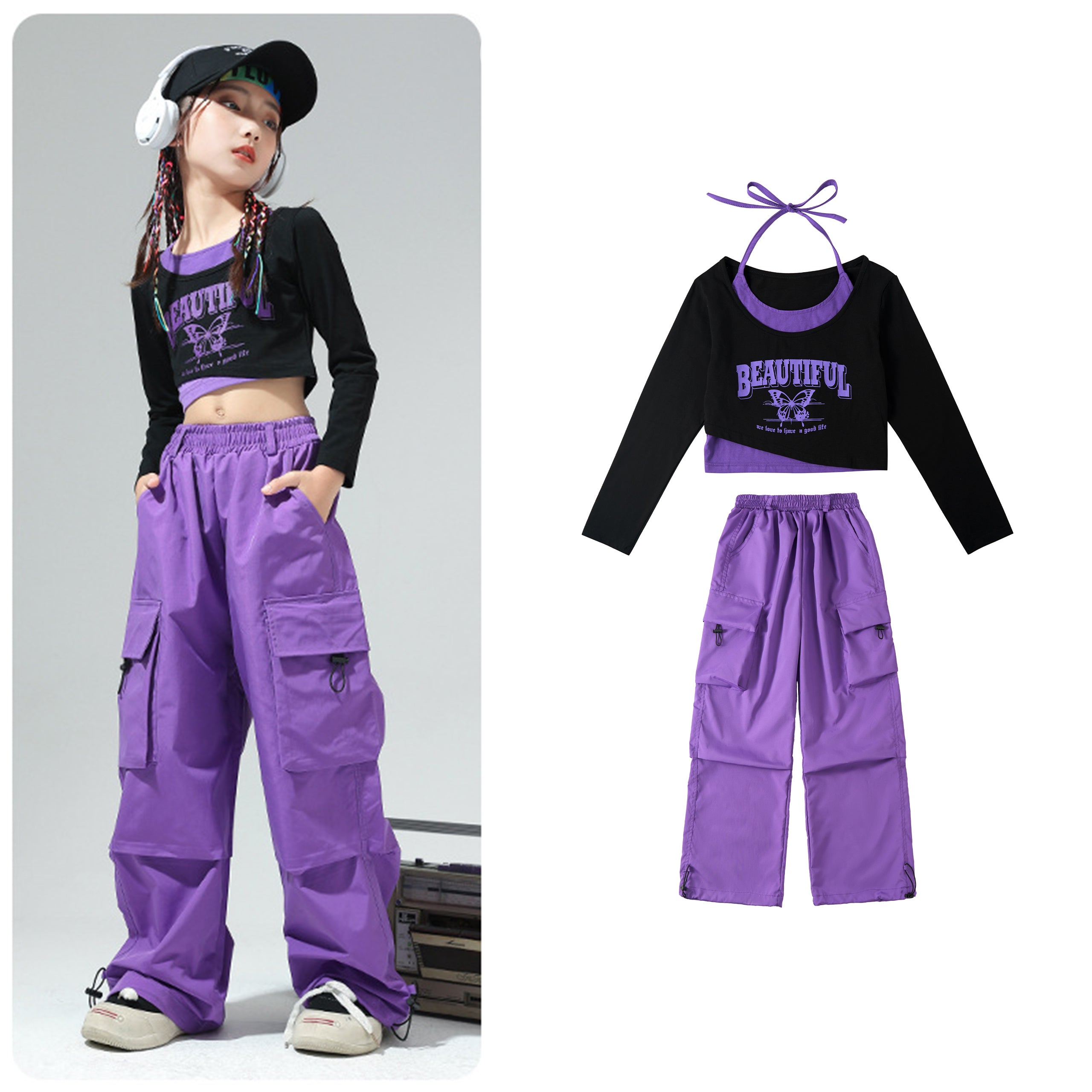 Girls 2 Piece Hip Hop Dance Outfits Long Sleeve Crop Top Cargo Pants Set