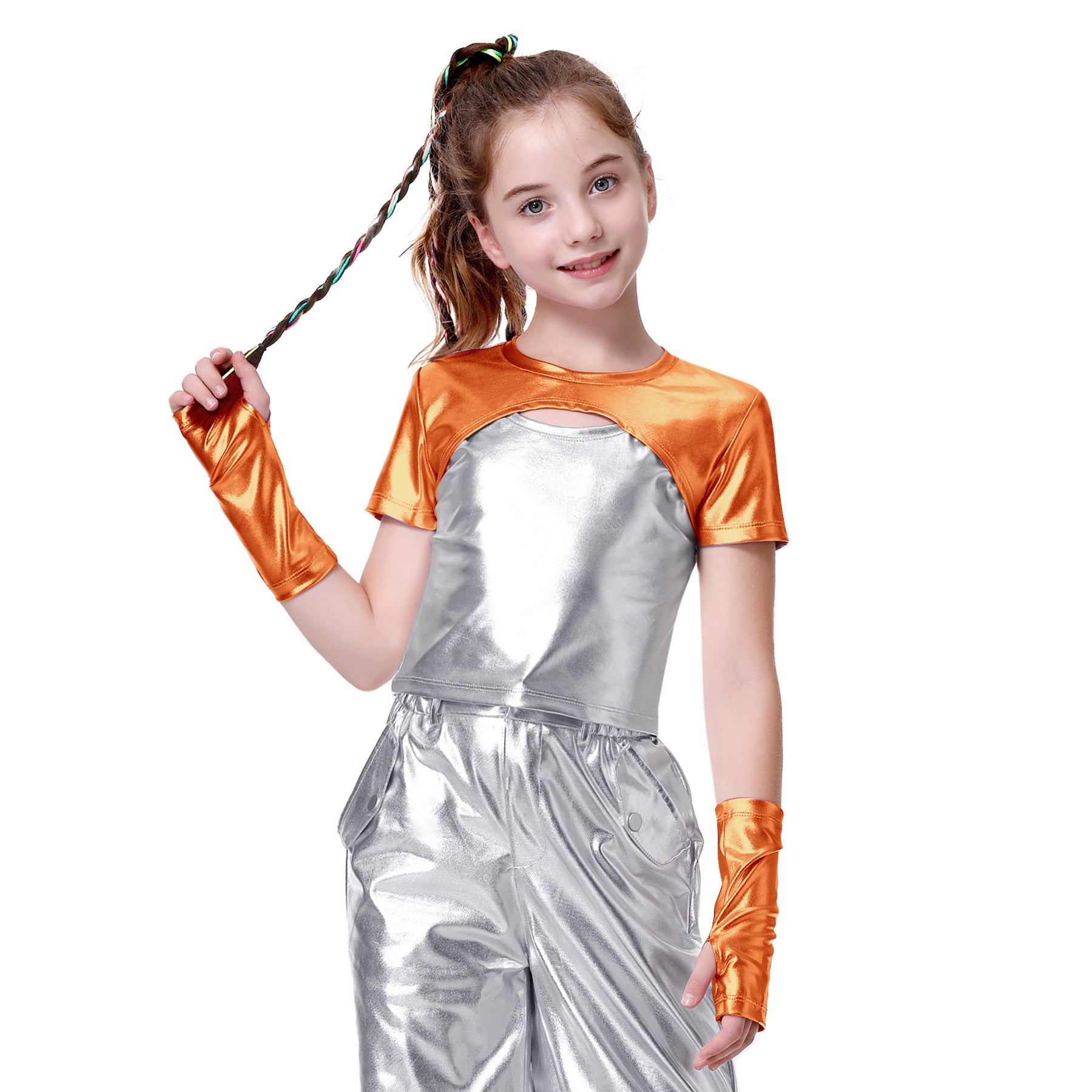 Girls Metallic Shirts with Arm Sleeves Slim Fit Stretchy Shiny Hip Hop Dance Top
