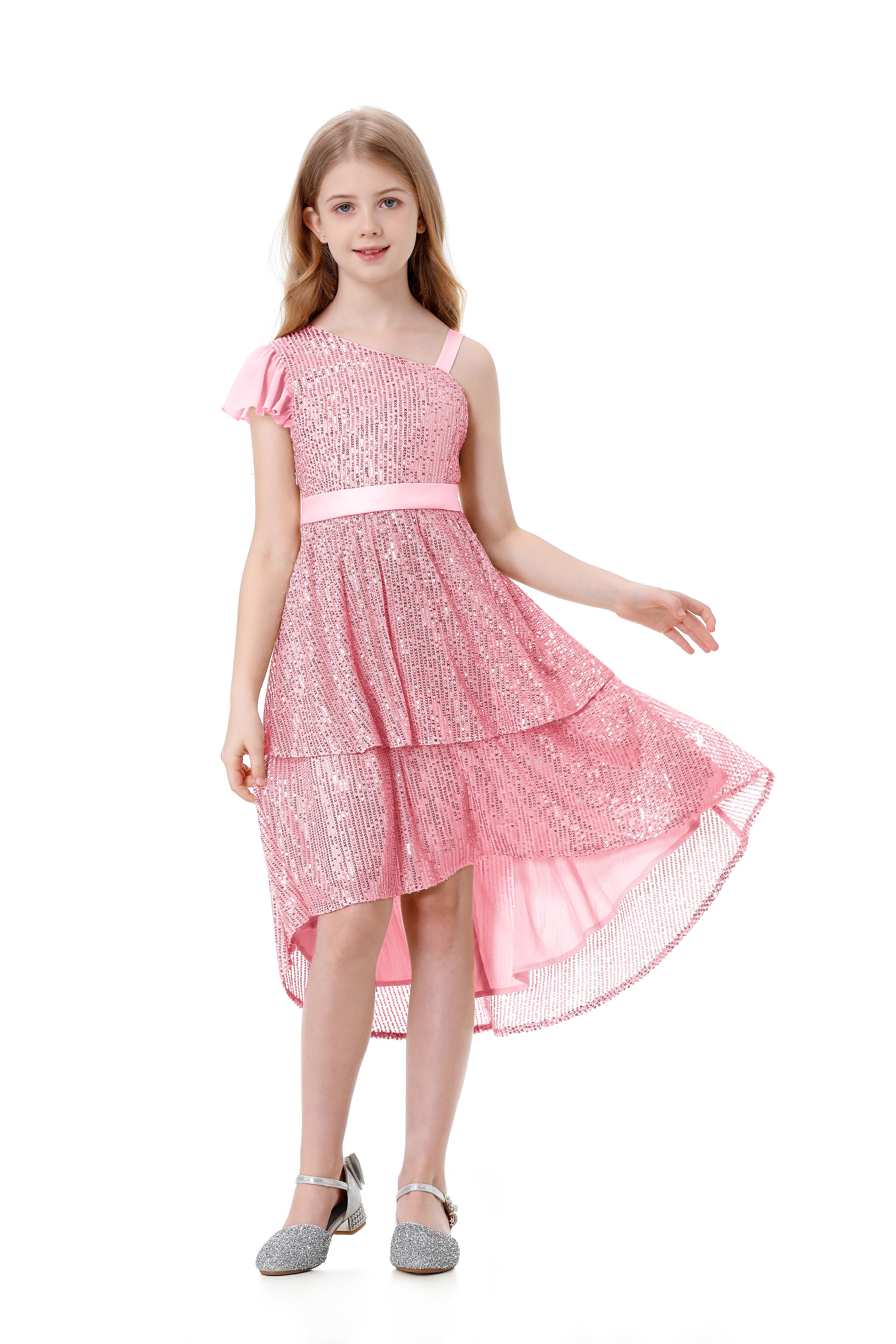 Girls Sequin Dress One Shoulder Layered Sparkle High Low Dresses