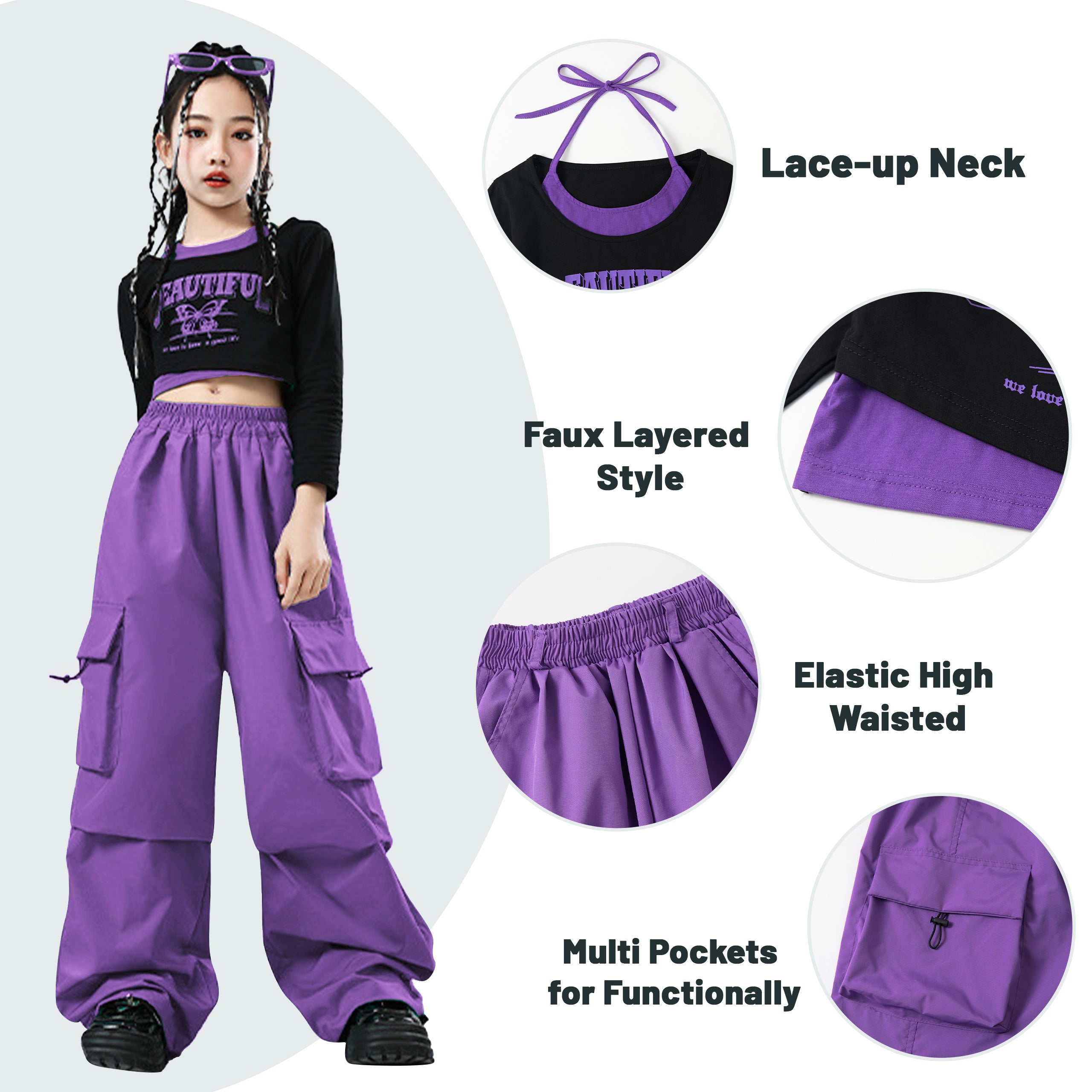 Girls 2 Piece Hip Hop Dance Outfits Long Sleeve Crop Top Cargo Pants Set