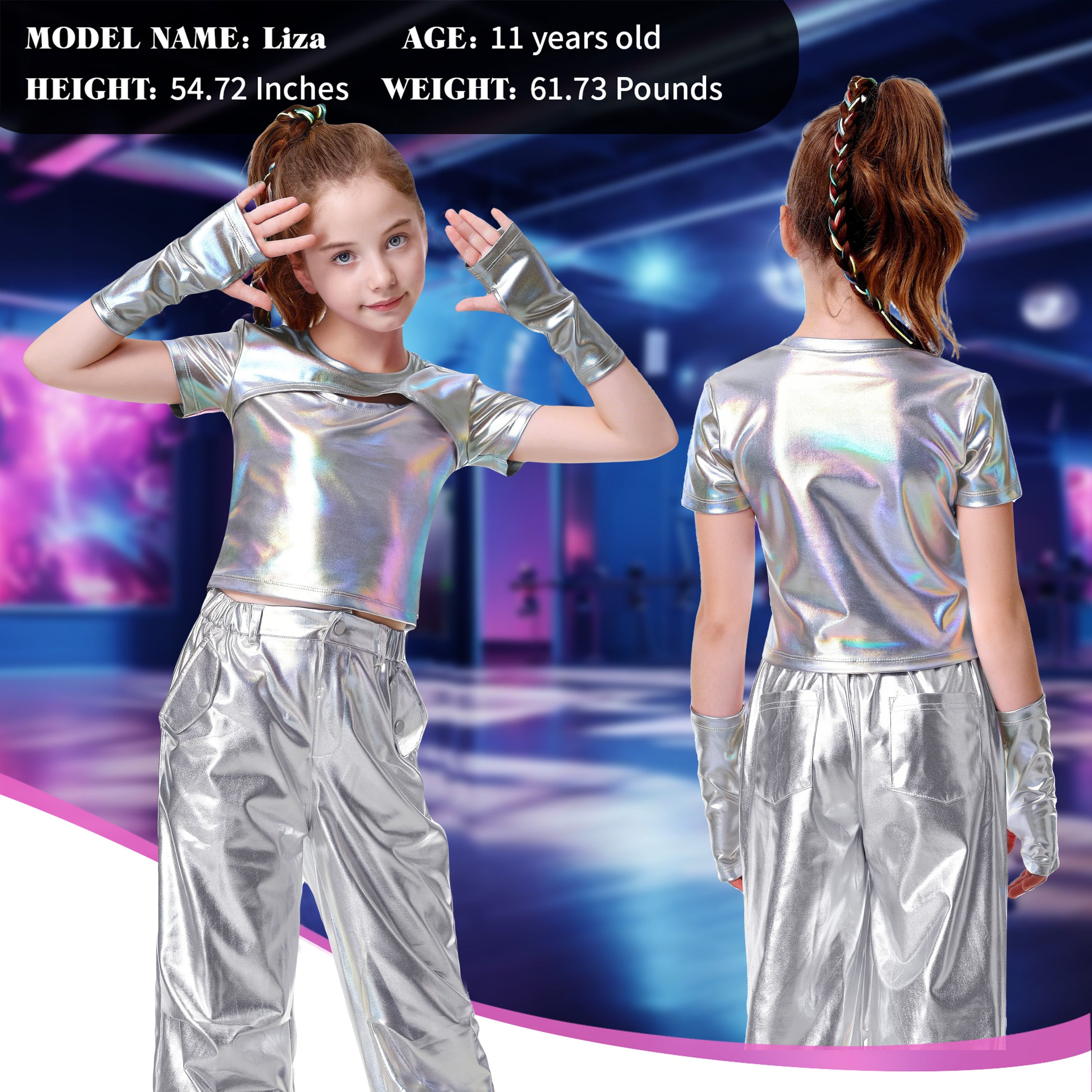 Girls Metallic Shirts with Arm Sleeves Slim Fit Stretchy Shiny Hip Hop Dance Top