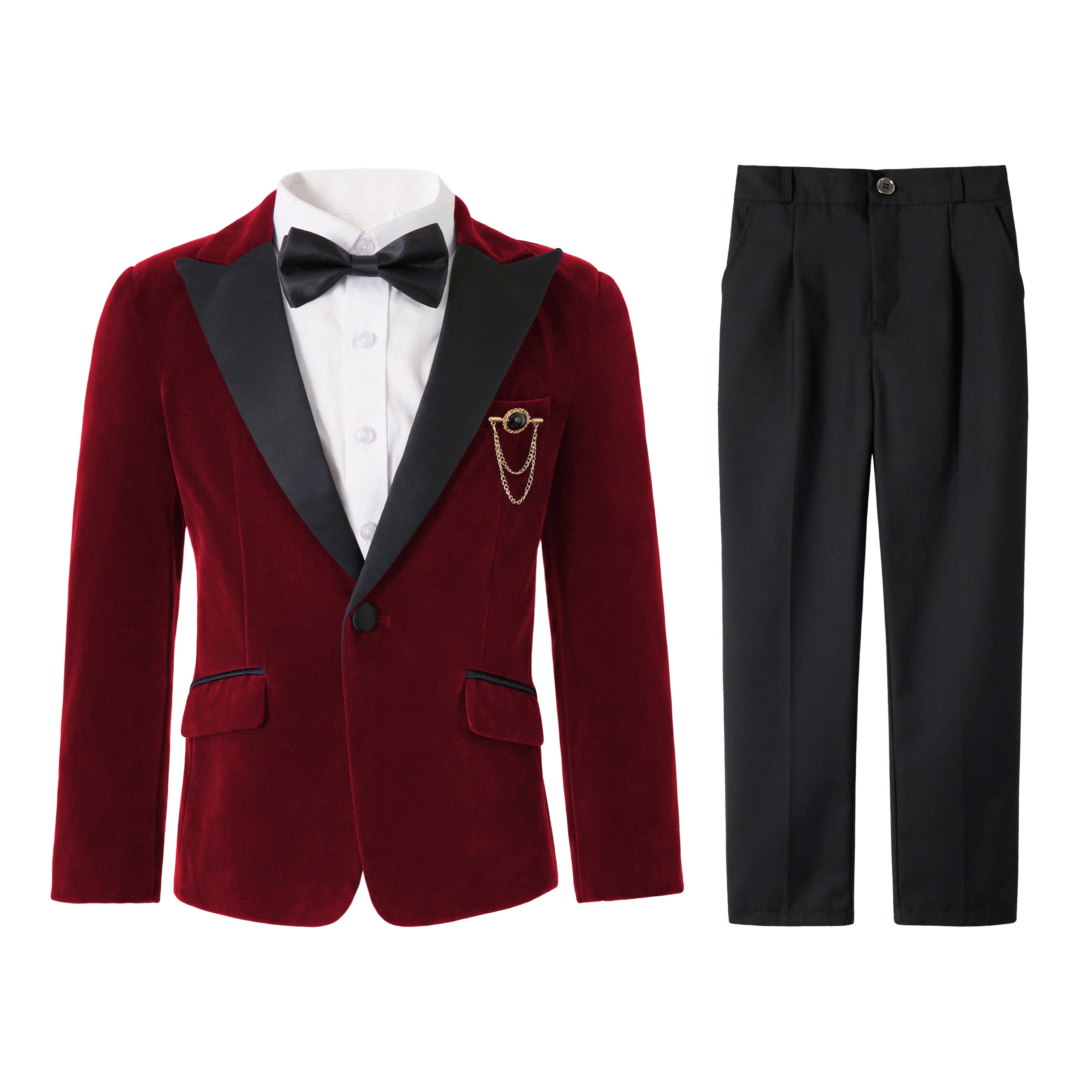 Boys 4 Piece Velvet Suit Formal Tuxedo Kids Slim Fit Blazer Dress Shirt Pants Outfit