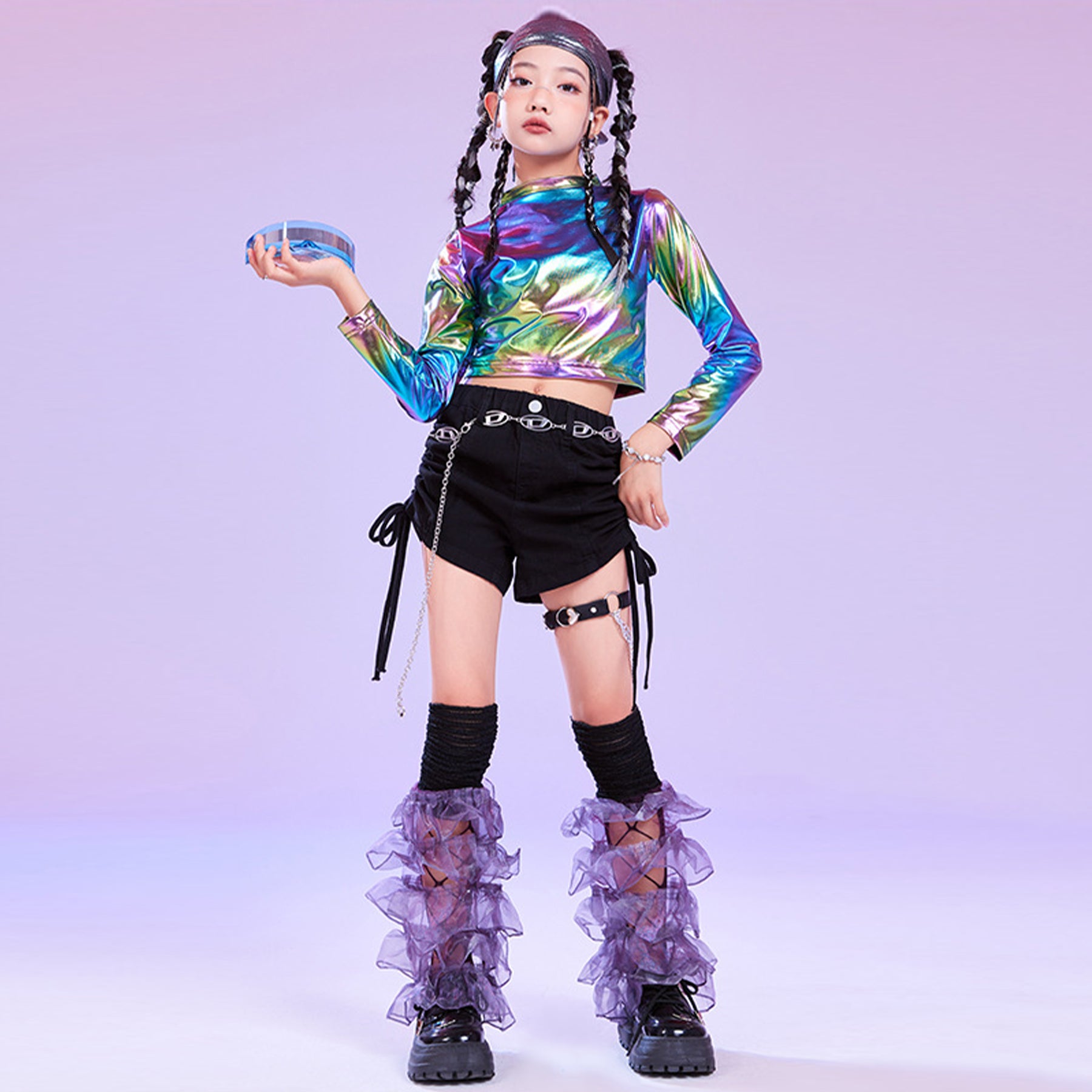 Metallic Dance Tops for Girls Long Sleeve Cropped Top