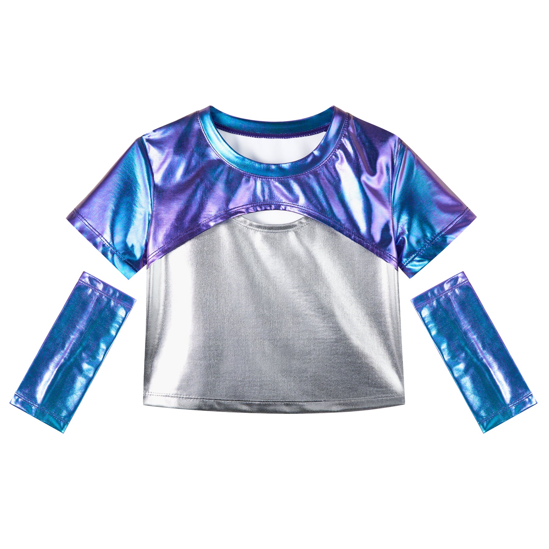 Girls Metallic Shirts with Arm Sleeves Slim Fit Stretchy Shiny Hip Hop Dance Top