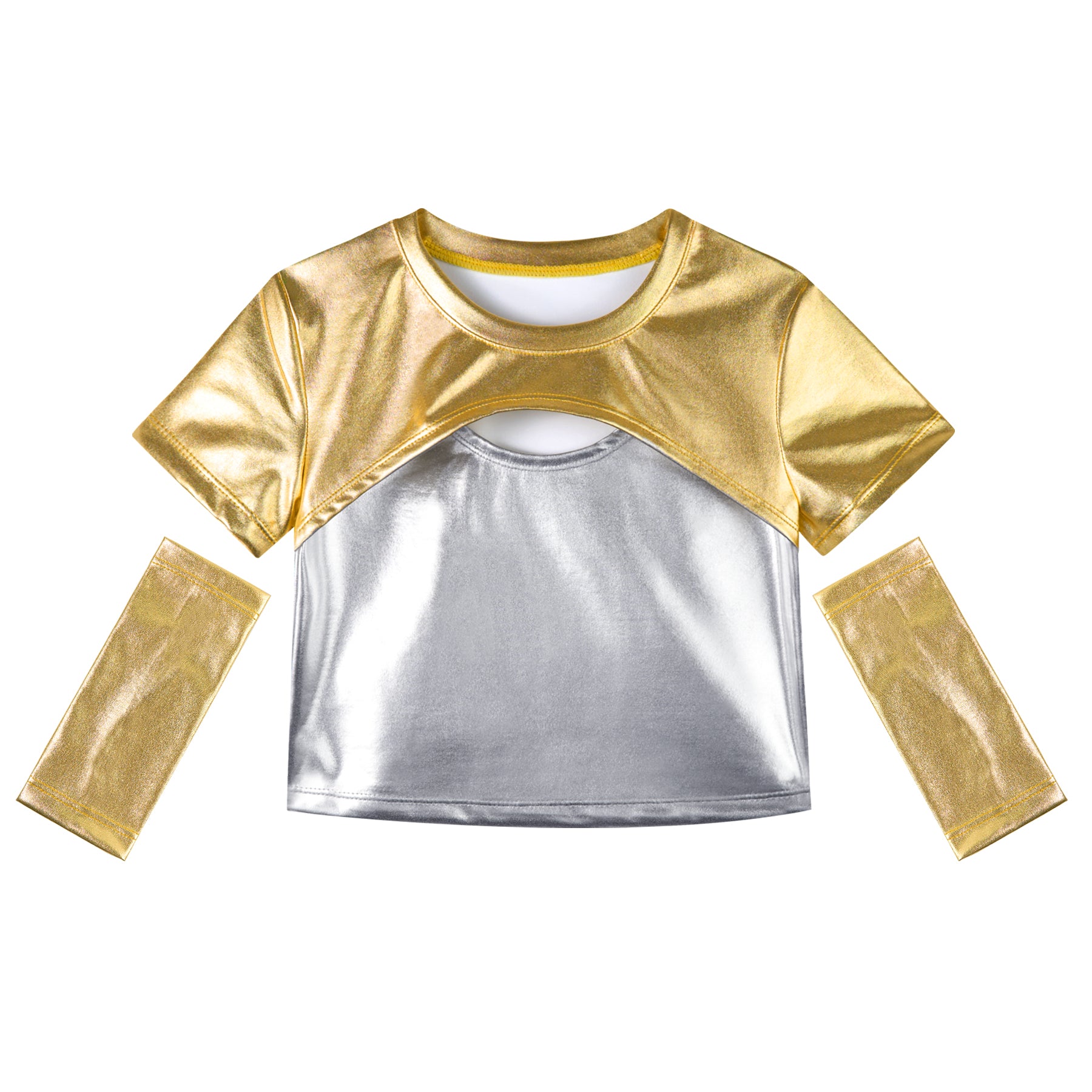 Girls Metallic Shirts with Arm Sleeves Slim Fit Stretchy Shiny Hip Hop Dance Top