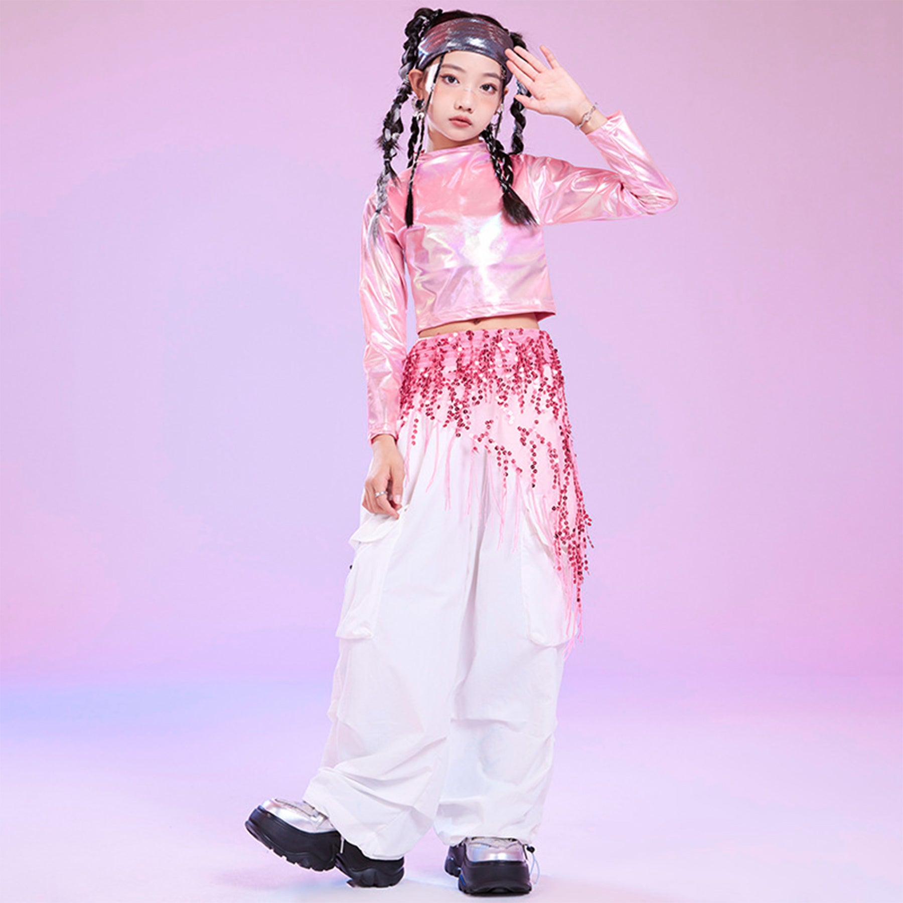 Metallic Dance Tops for Girls Long Sleeve Cropped Top