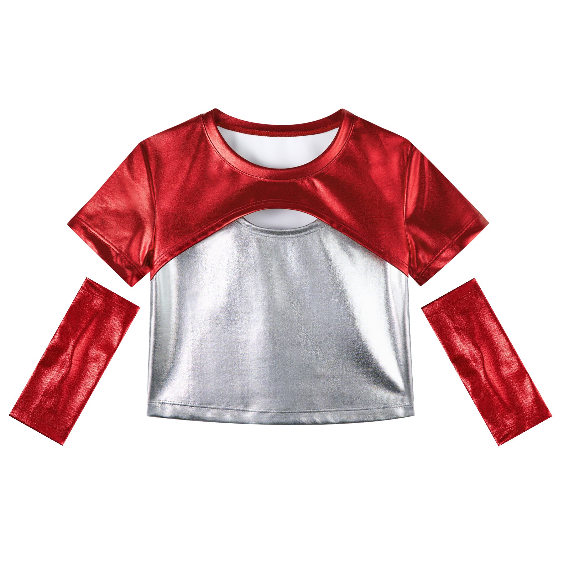 Girls Metallic Shirts with Arm Sleeves Slim Fit Stretchy Shiny Hip Hop Dance Top