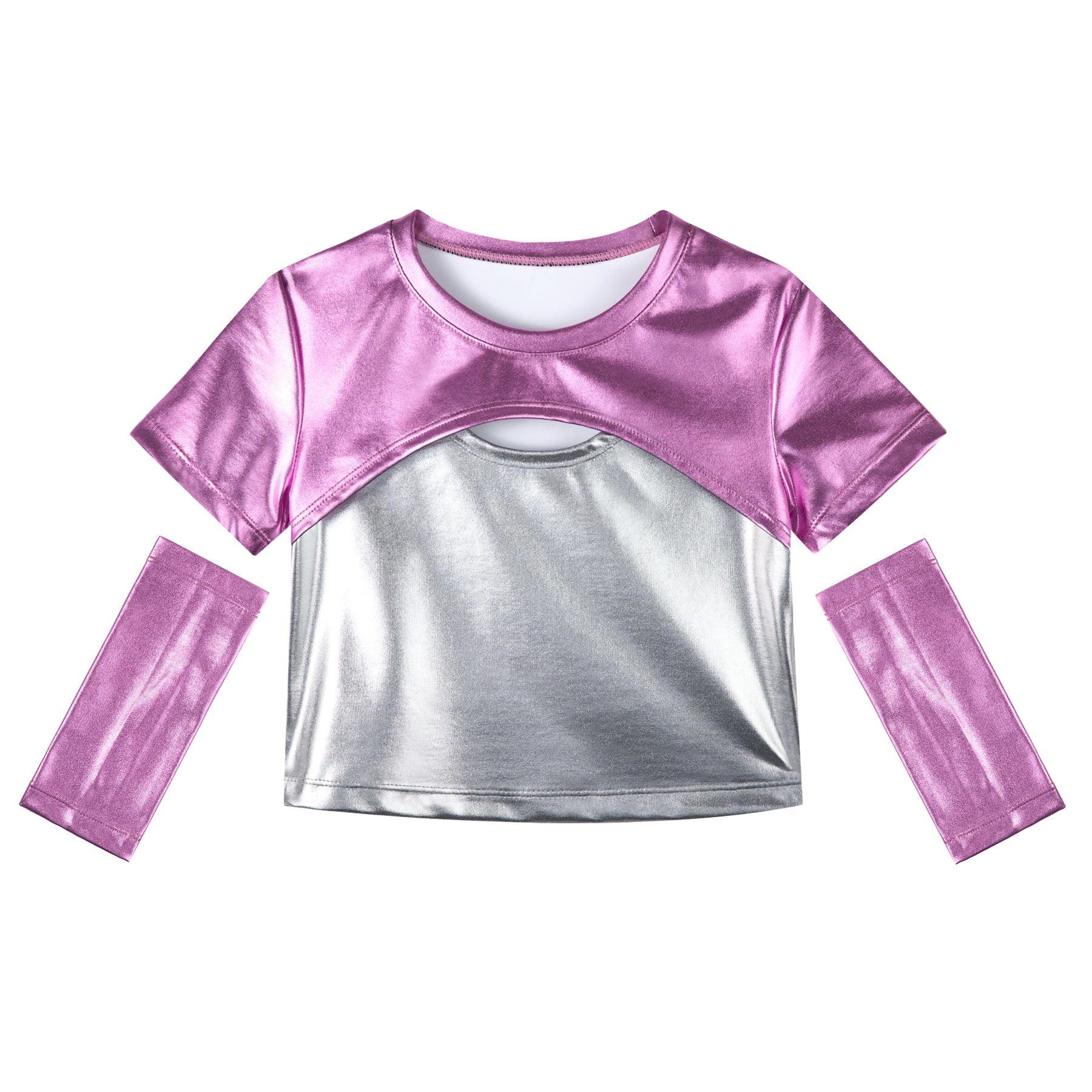 Girls Metallic Shirts with Arm Sleeves Slim Fit Stretchy Shiny Hip Hop Dance Top