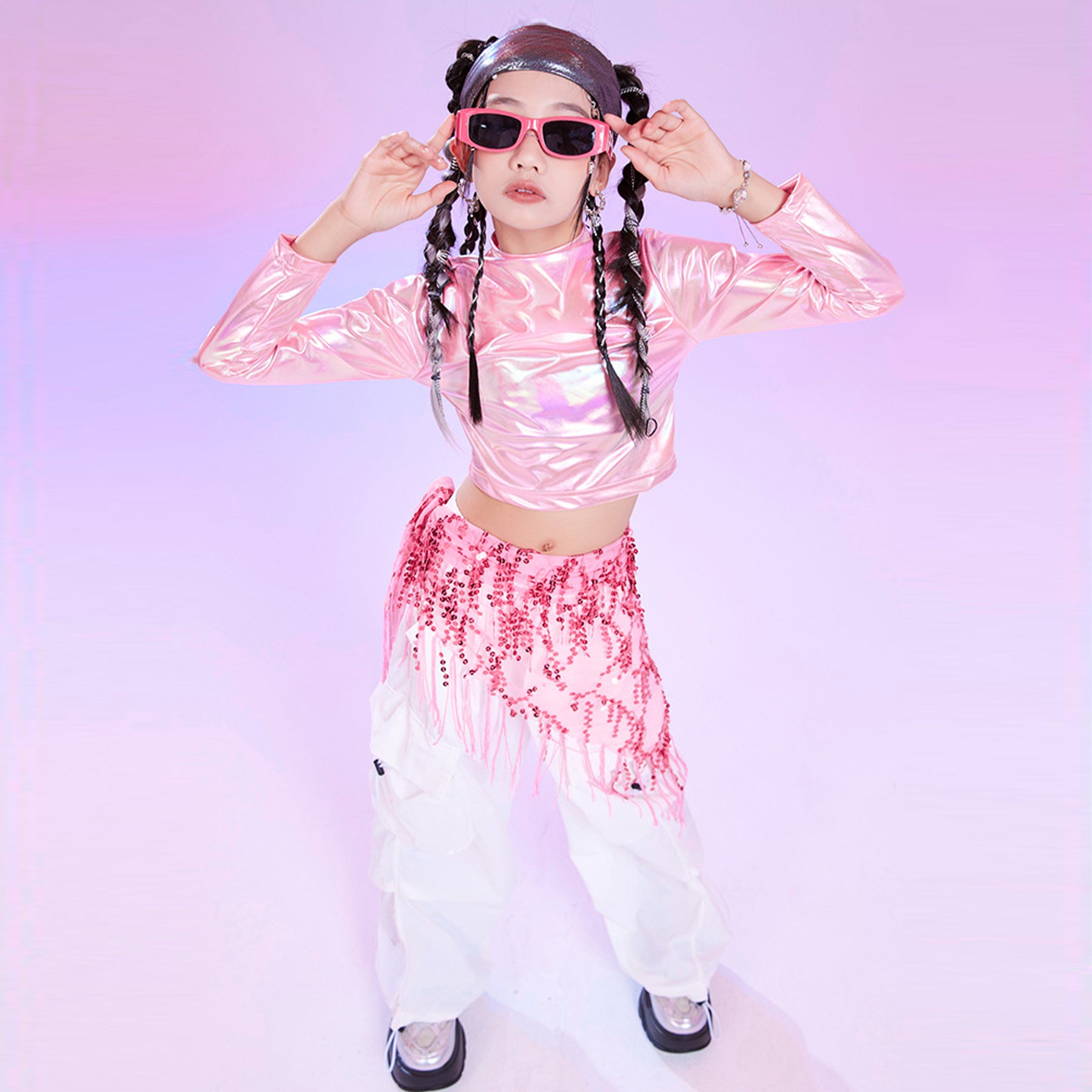 Metallic Dance Tops for Girls Long Sleeve Cropped Top