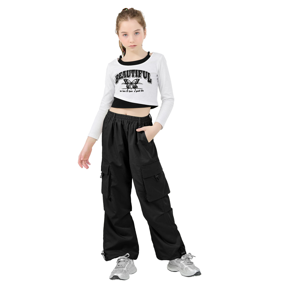 Conjunto de 2 piezas de baile hip hop para niñas, top corto de manga larga y pantalones cargo