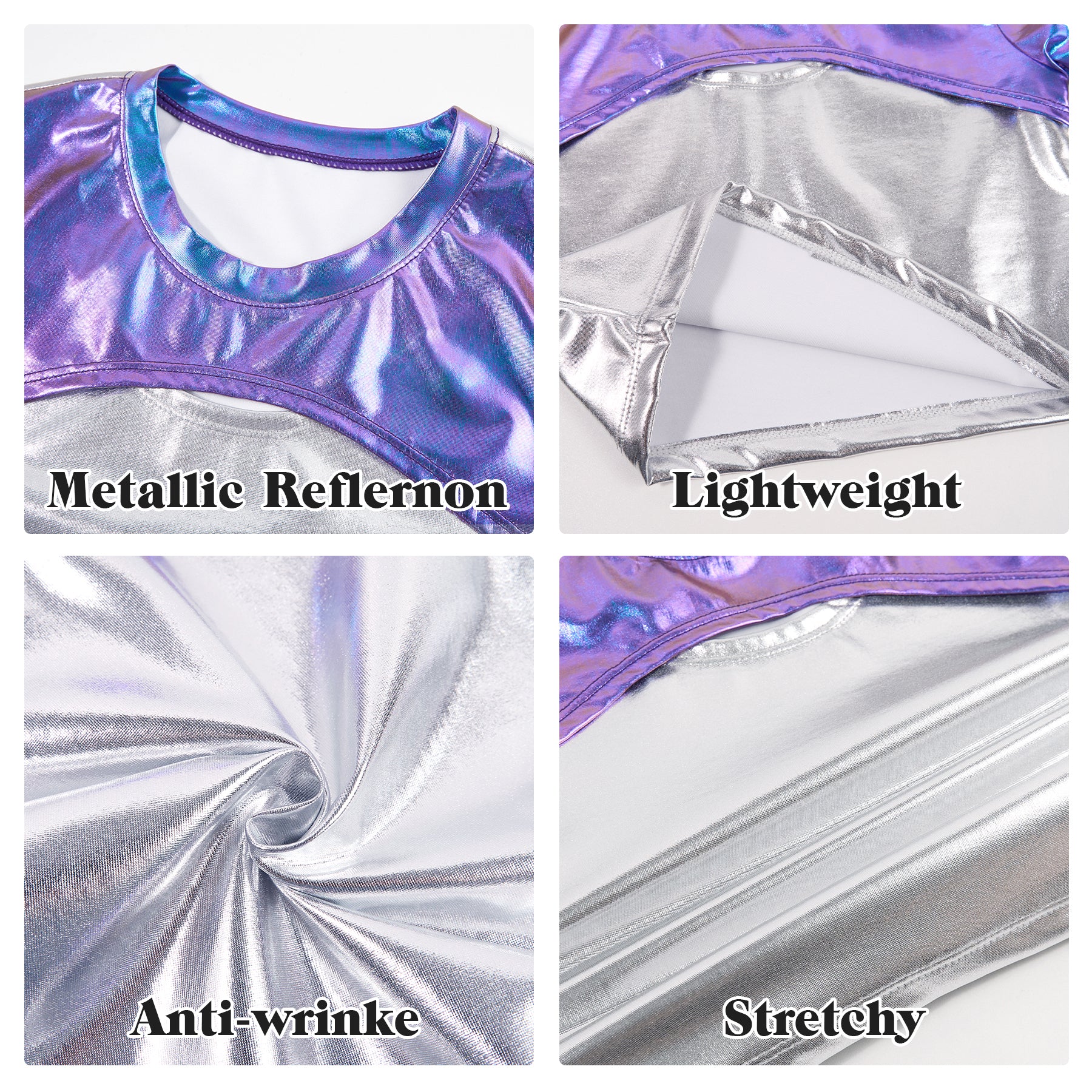 Girls Metallic Shirts with Arm Sleeves Slim Fit Stretchy Shiny Hip Hop Dance Top
