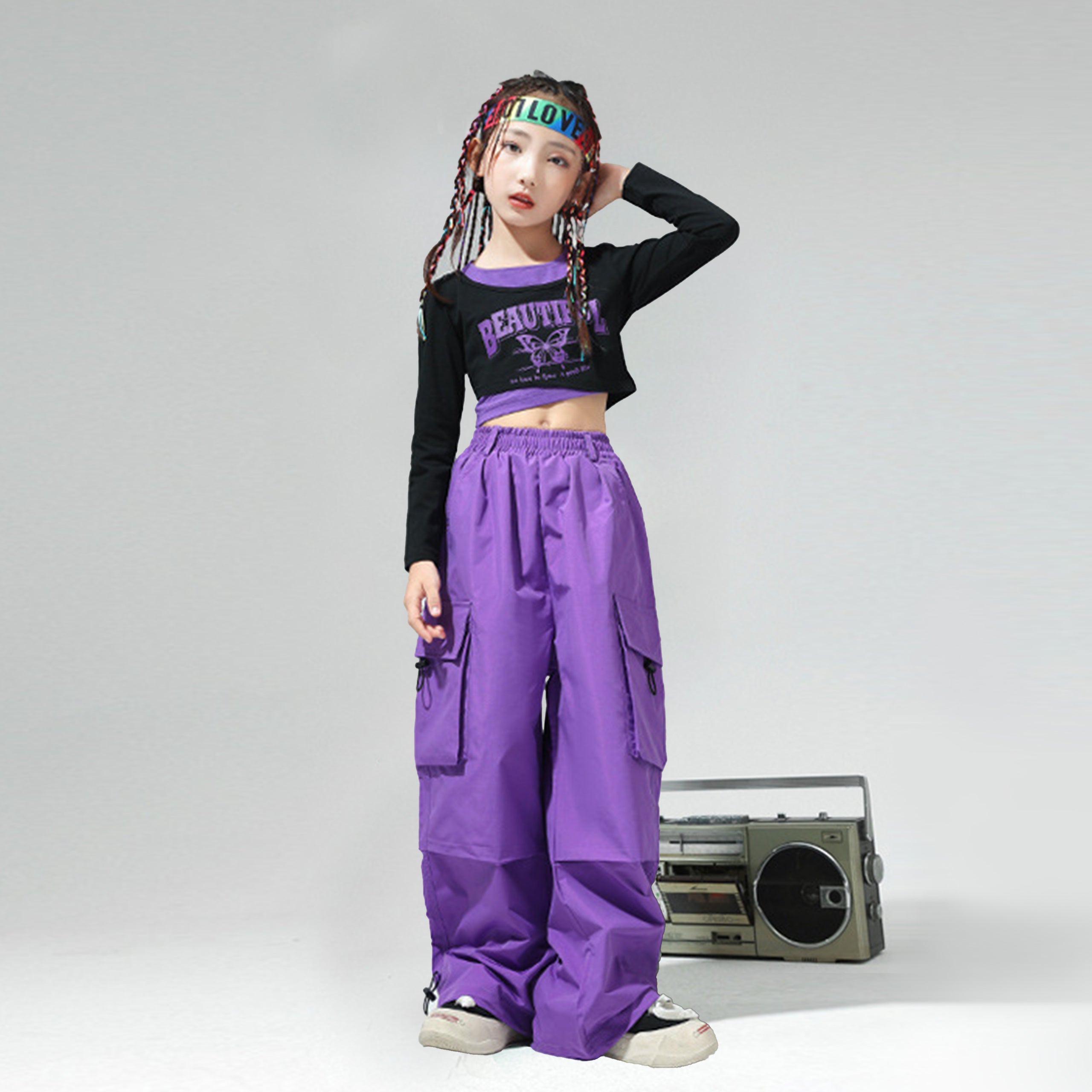 Girls 2 Piece Hip Hop Dance Outfits Long Sleeve Crop Top Cargo Pants Set