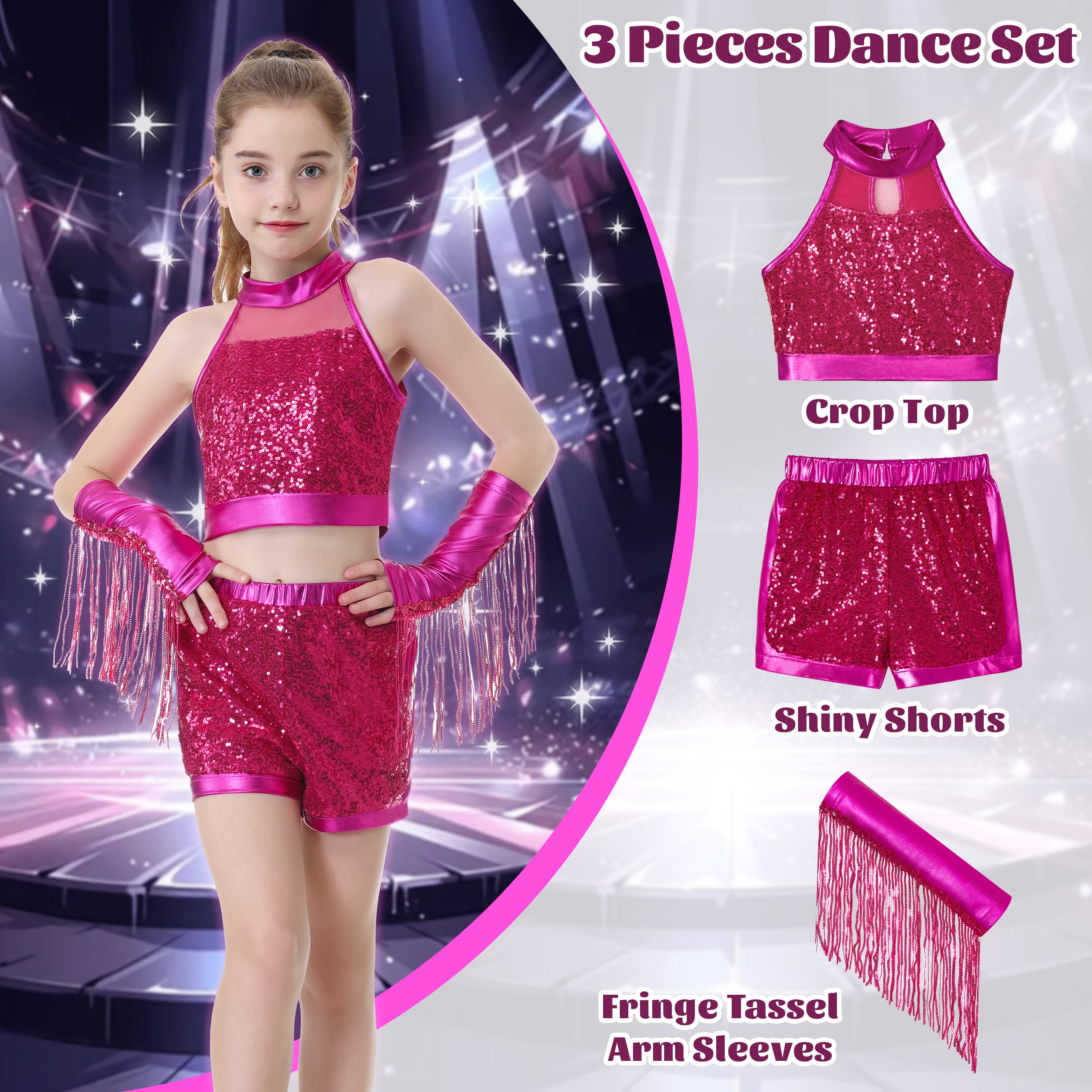 Girls’ Sequin Dance Outfit Crop Sequin Top Metallic Shorts with Tassel Arm Sleeves
