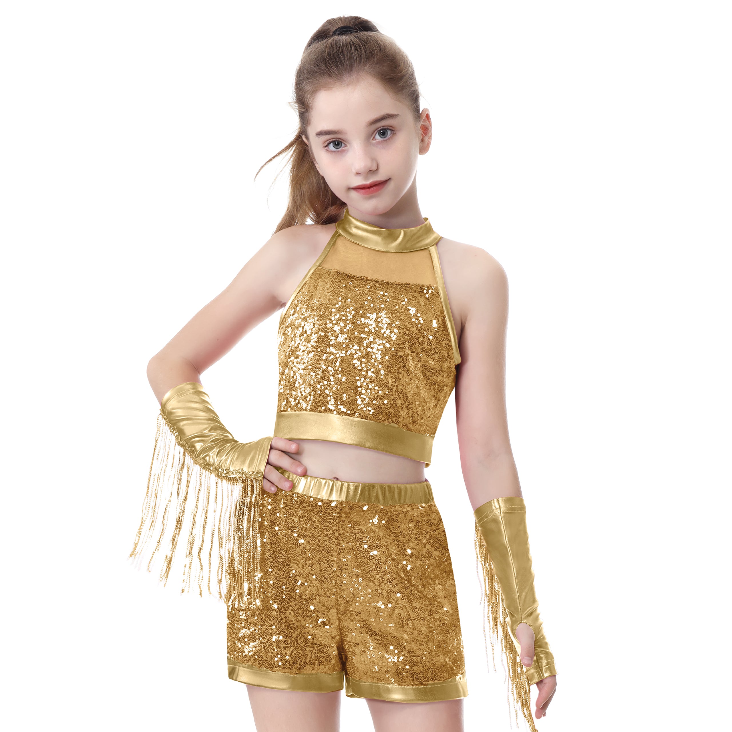 Girls’ Sequin Dance Outfit Crop Sequin Top Metallic Shorts with Tassel Arm Sleeves
