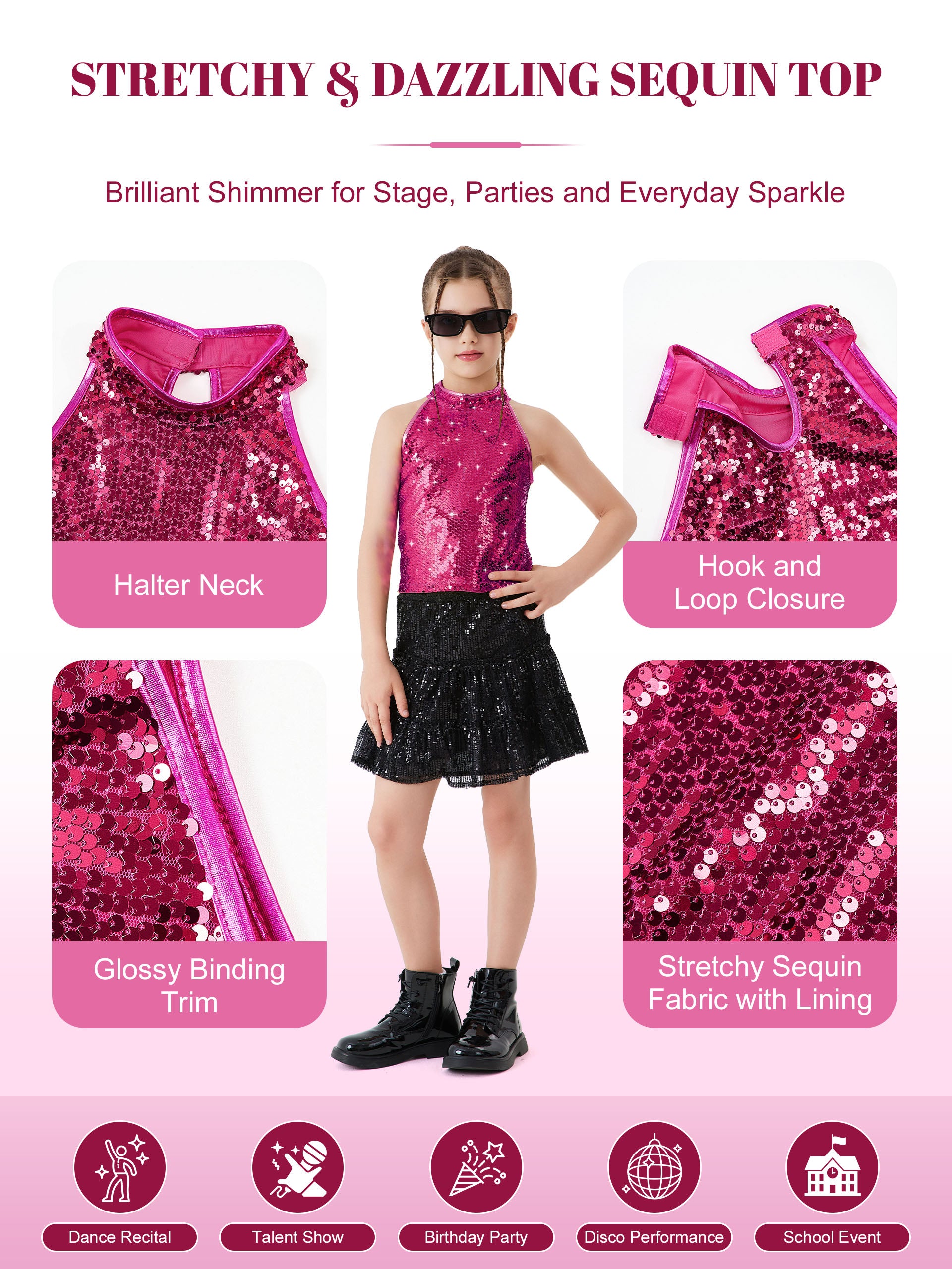 Girls Sequin Halter Top Stretchy Tank Sparkly Dance Shirt