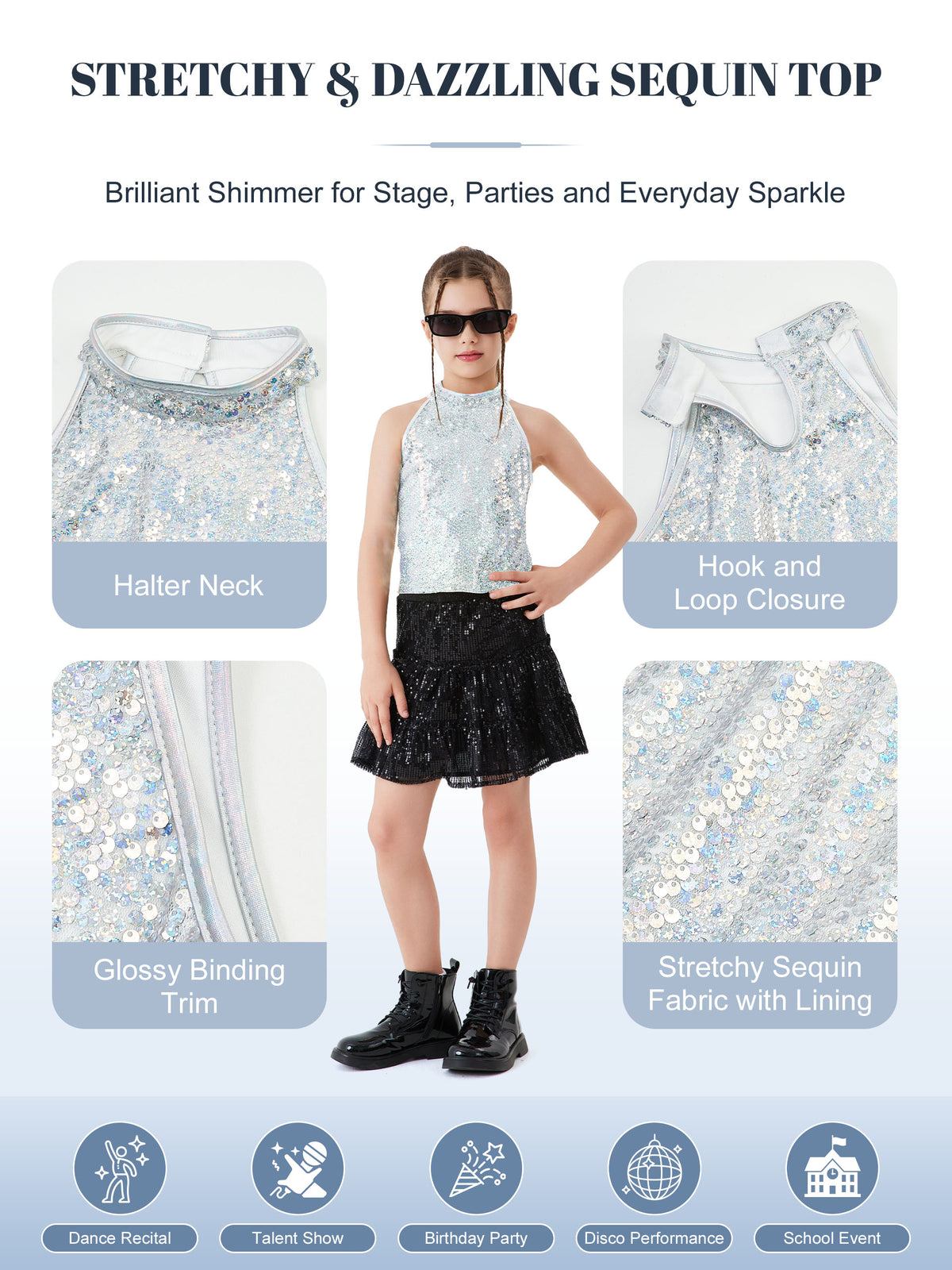 Girls Sequin Halter Top Stretchy Tank Sparkly Dance Shirt