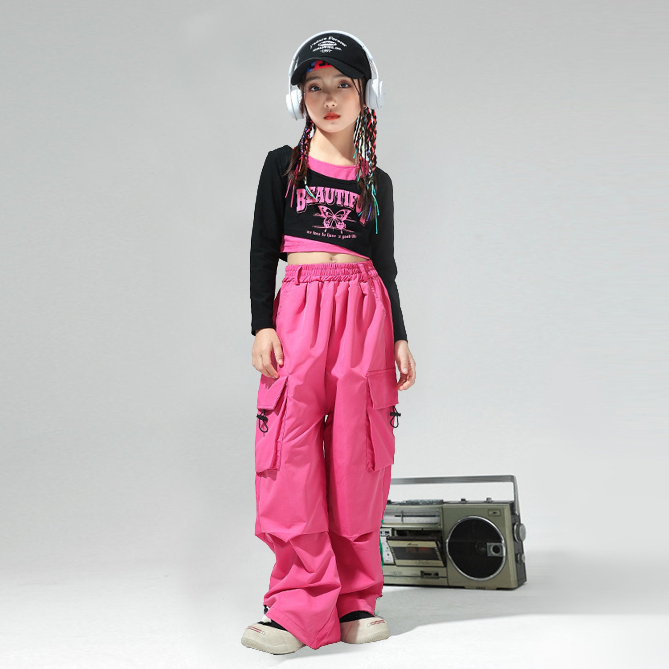 Girls 2 Piece Hip Hop Dance Outfits Long Sleeve Crop Top Cargo Pants Set