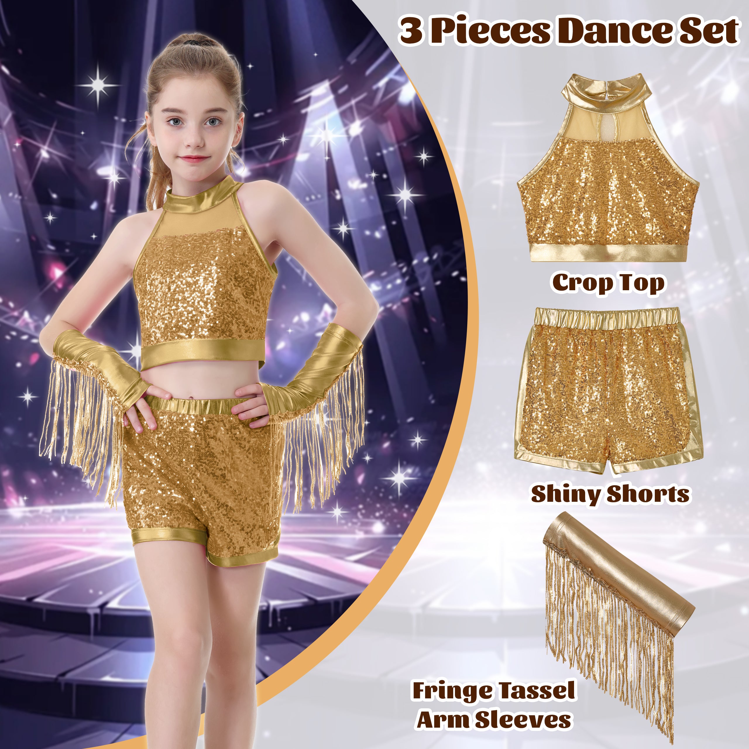 Girls’ Sequin Dance Outfit Crop Sequin Top Metallic Shorts with Tassel Arm Sleeves