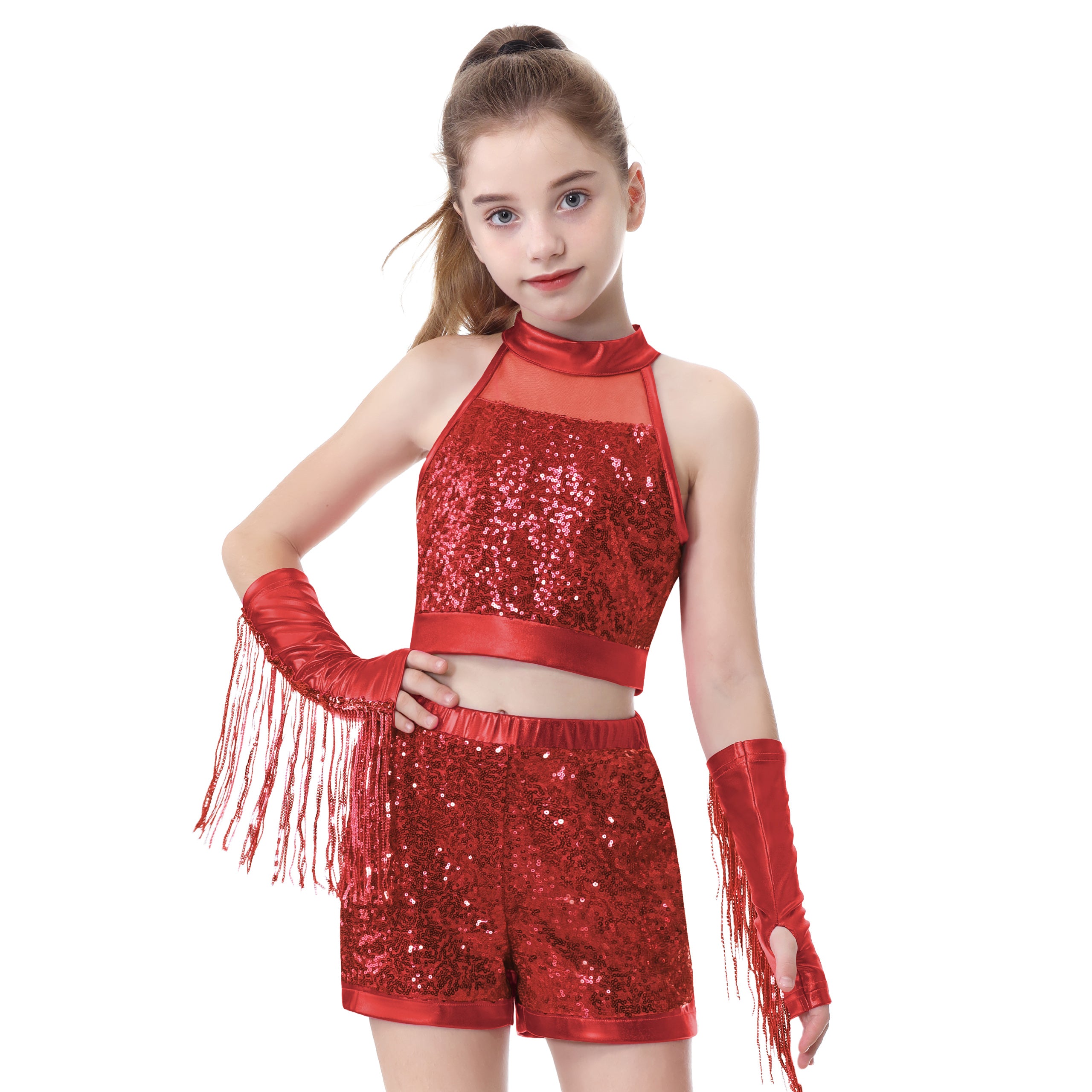 Girls’ Sequin Dance Outfit Crop Sequin Top Metallic Shorts with Tassel Arm Sleeves