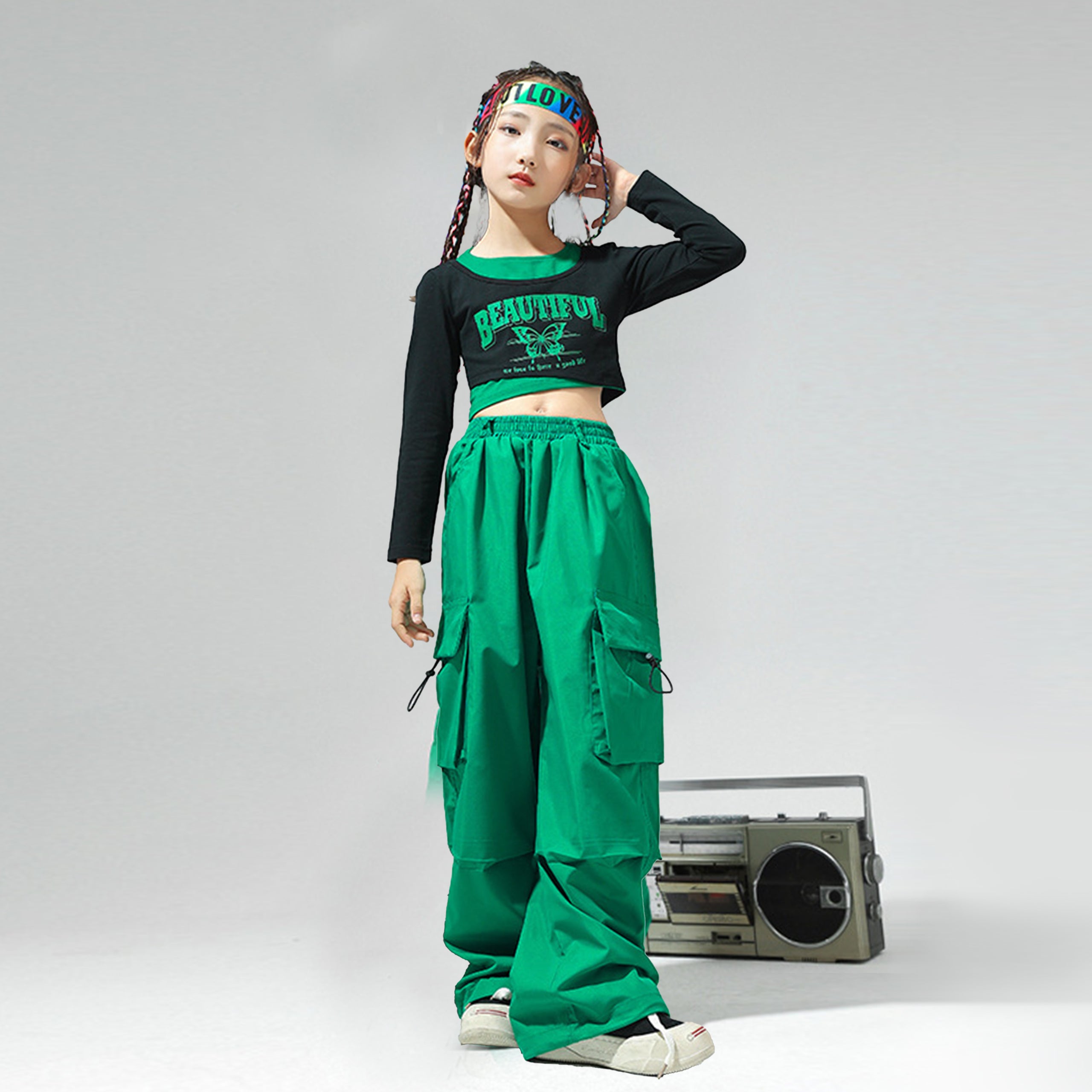 Girls 2 Piece Hip Hop Dance Outfits Long Sleeve Crop Top Cargo Pants Set