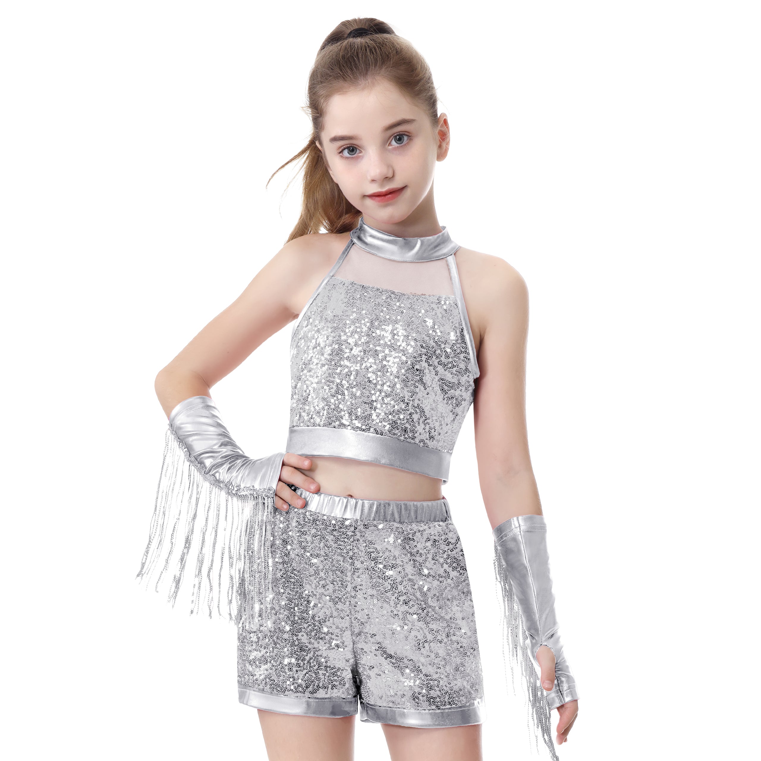 Girls’ Sequin Dance Outfit Crop Sequin Top Metallic Shorts with Tassel Arm Sleeves