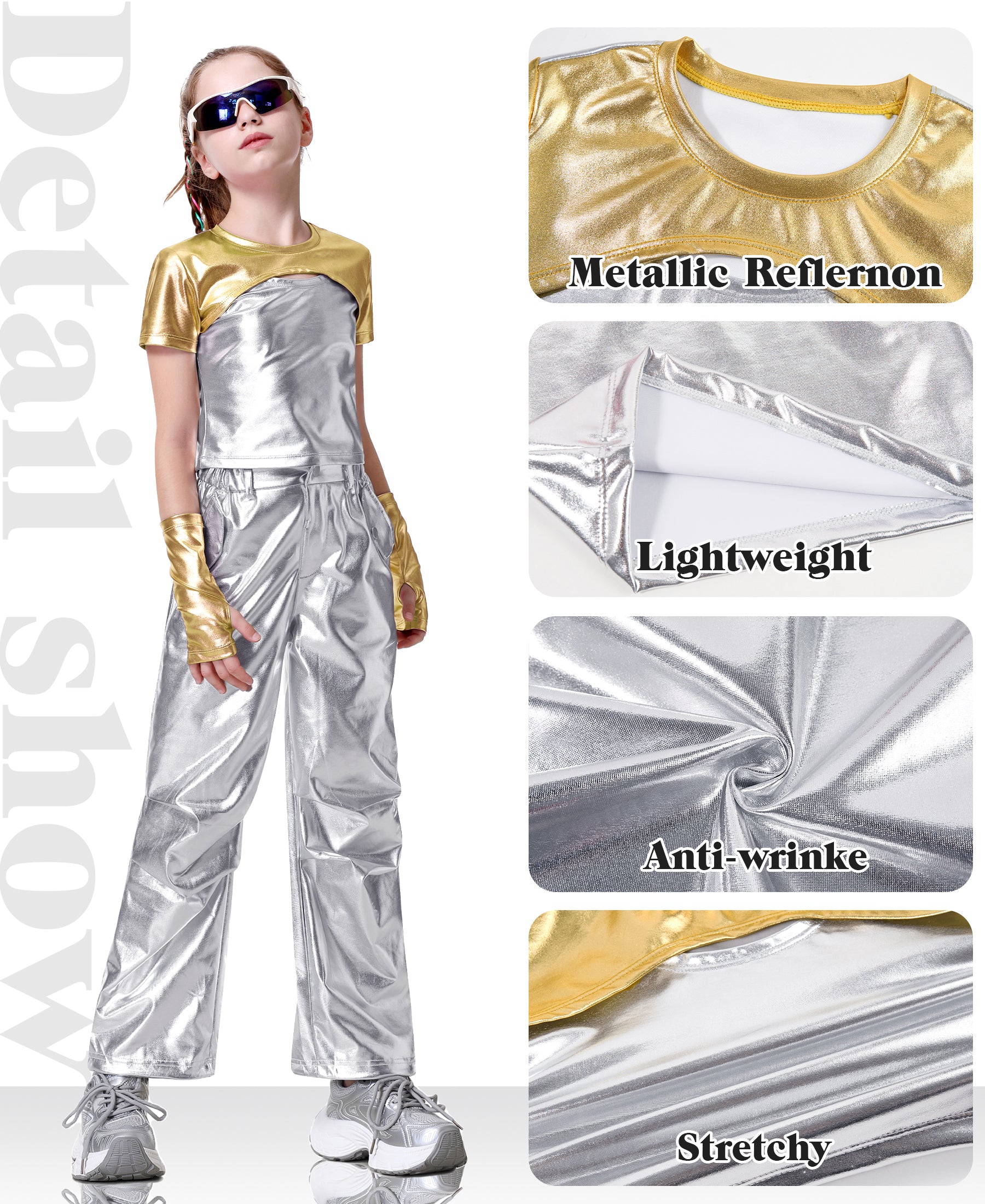 Girls Metallic Shirts with Arm Sleeves Slim Fit Stretchy Shiny Hip Hop Dance Top