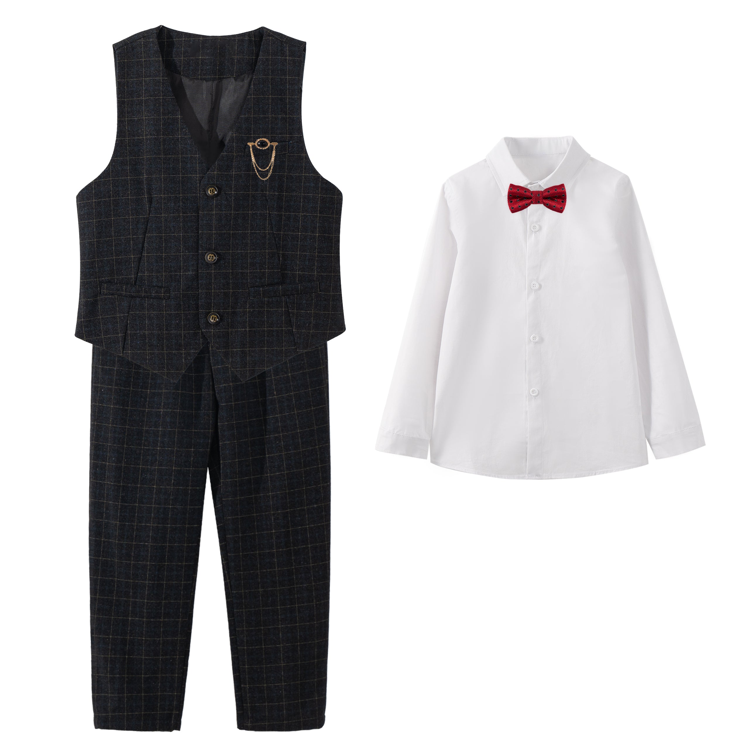 Boys Vest Pants Set Plaid Dress Suit with Shirt