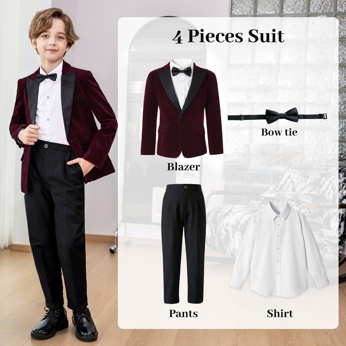 Boys Velvet Suit 4 Piece Slim Fit Tuxedo Formal Ring Bearer Outfit