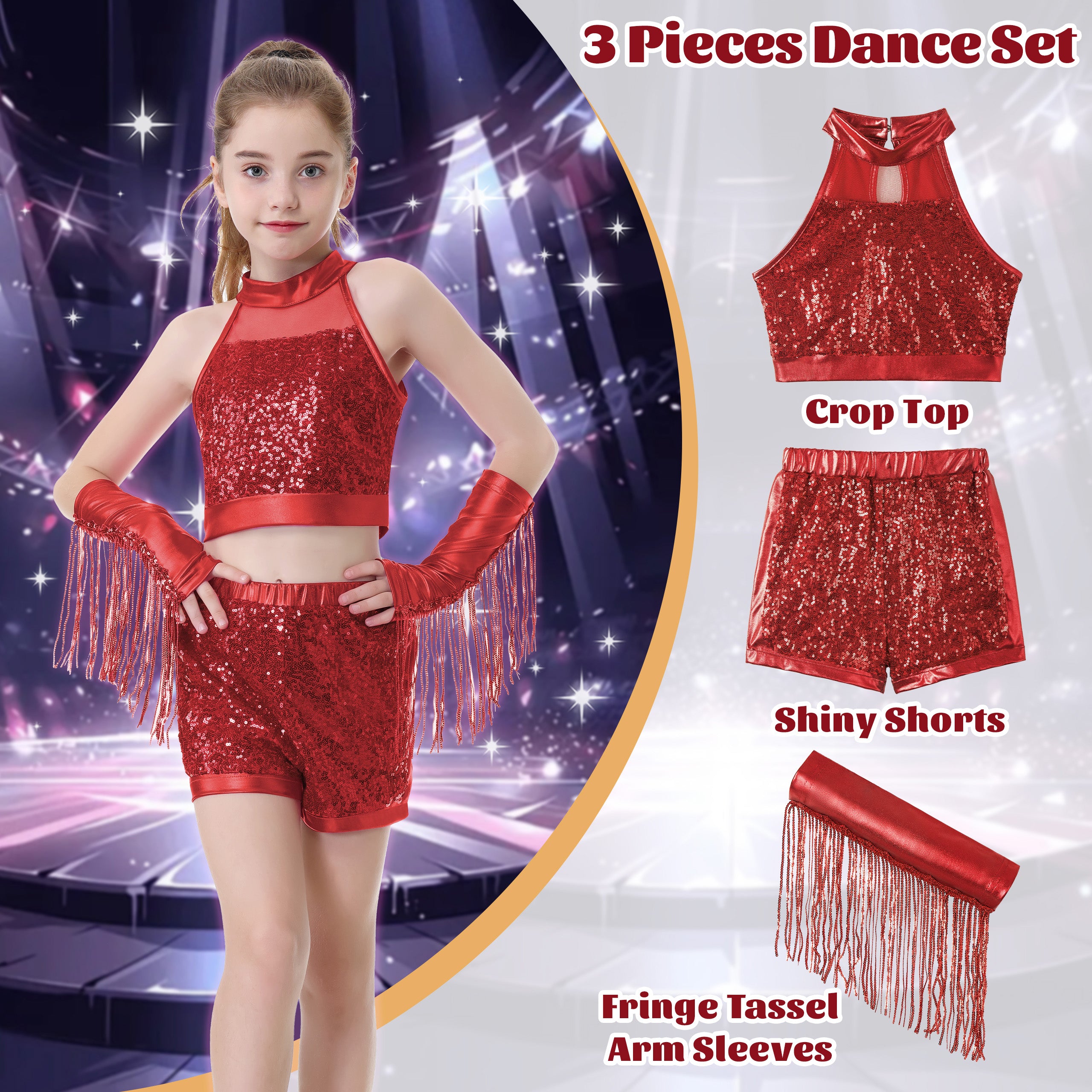 Girls’ Sequin Dance Outfit Crop Sequin Top Metallic Shorts with Tassel Arm Sleeves