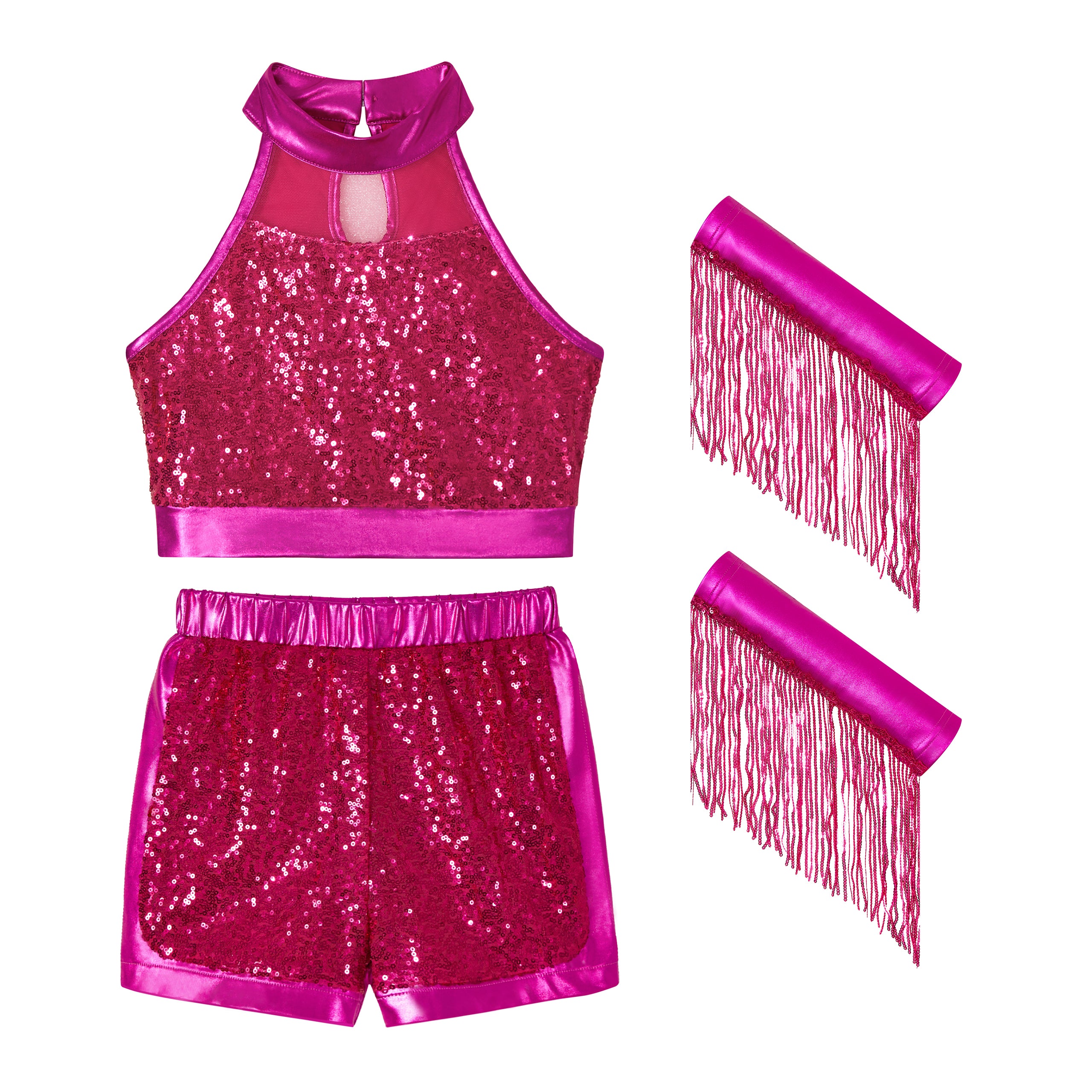 Girls’ Sequin Dance Outfit Crop Sequin Top Metallic Shorts with Tassel Arm Sleeves