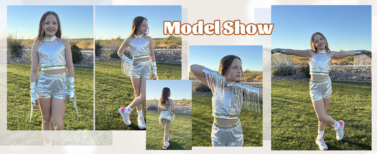 Girls’ Sequin Dance Outfit Crop Sequin Top Metallic Shorts with Tassel Arm Sleeves