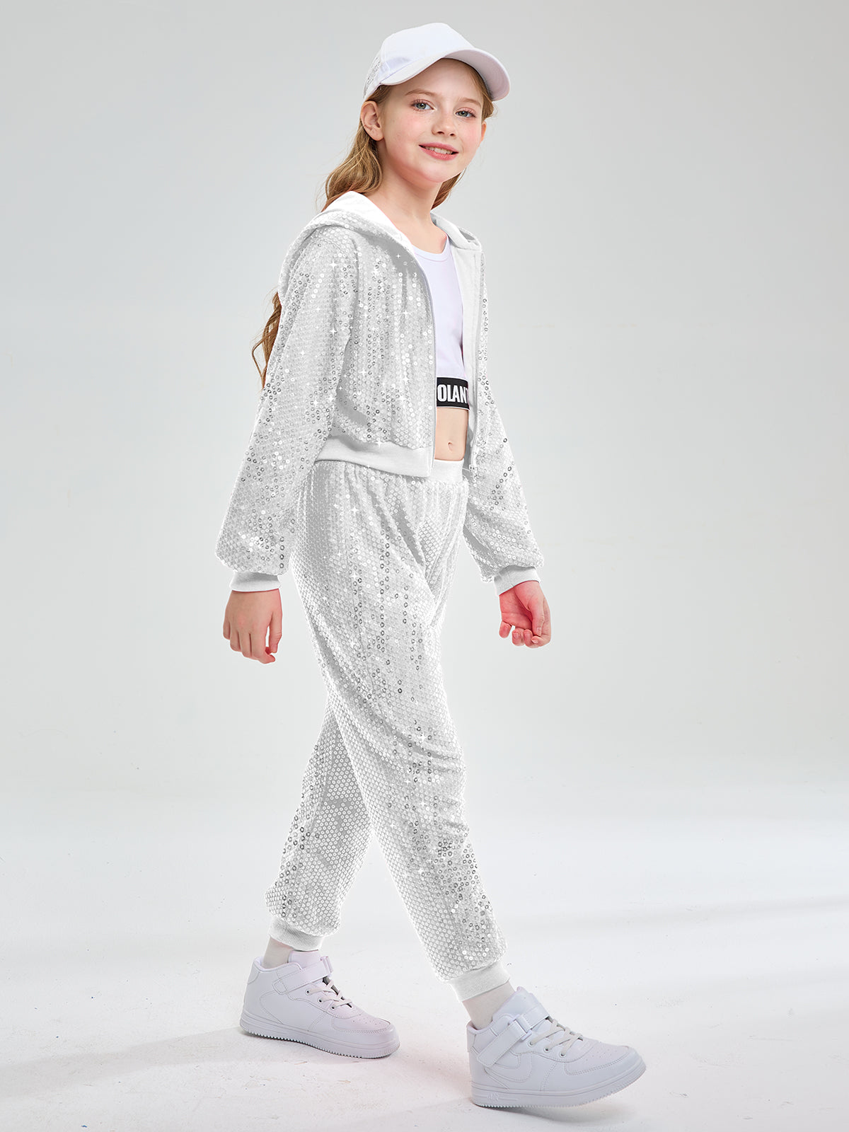 Girls 2Pcs Cropped Sequin Jacket Pants Set Hip Hop Dance Costumes