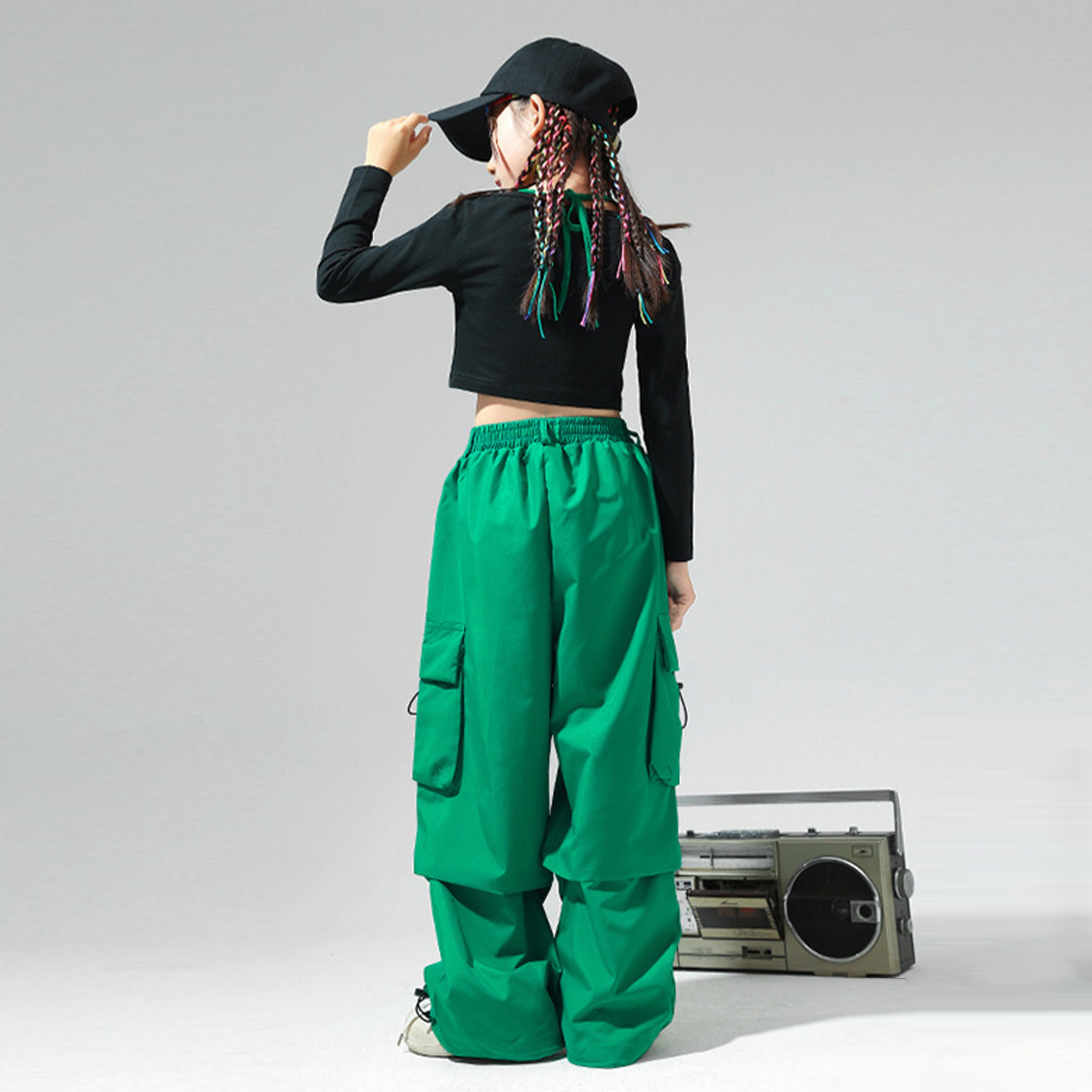 Girls 2 Piece Hip Hop Dance Outfits Long Sleeve Crop Top Cargo Pants Set