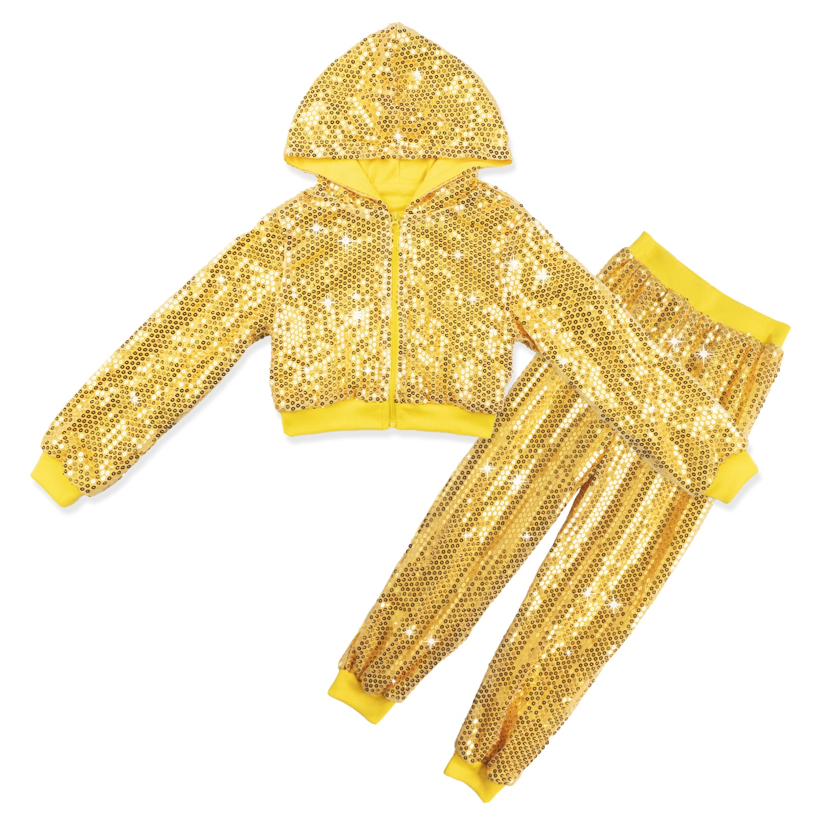Girls 2Pcs Cropped Sequin Jacket Pants Set Hip Hop Dance Costumes