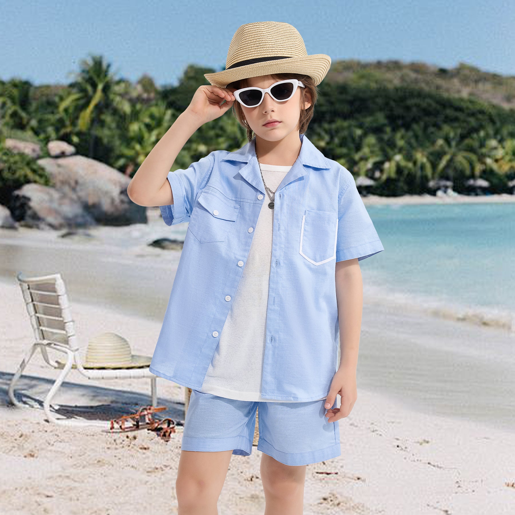 Boys 2 Pieces Linen Set kids Summer Vacation Outfits