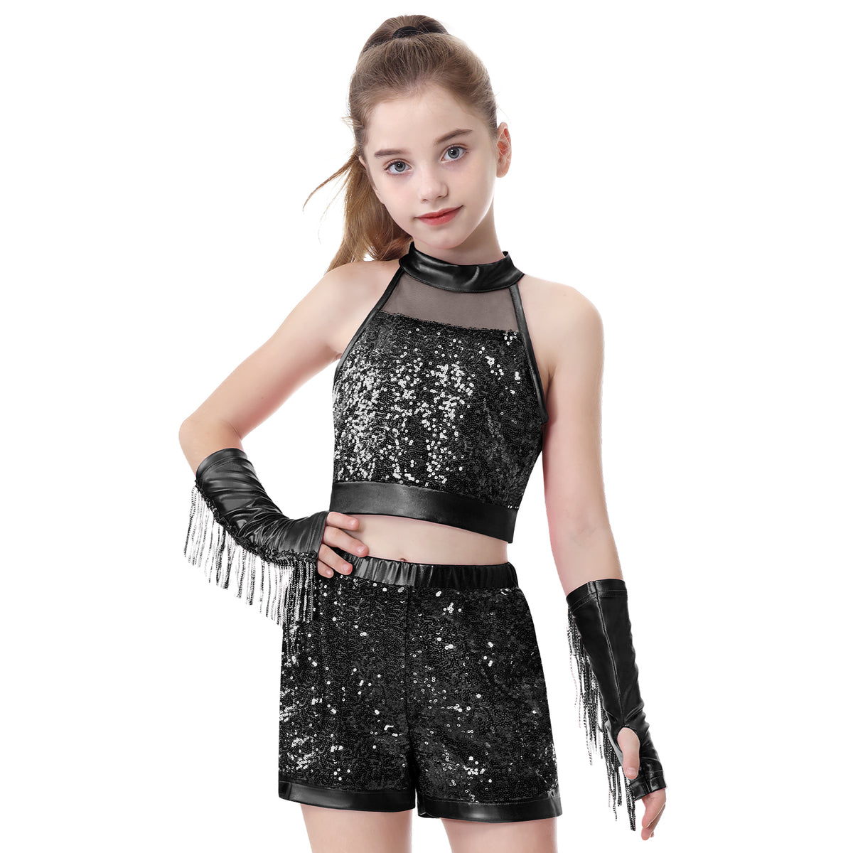 Girls’ Sequin Dance Outfit Crop Sequin Top Metallic Shorts with Tassel Arm Sleeves