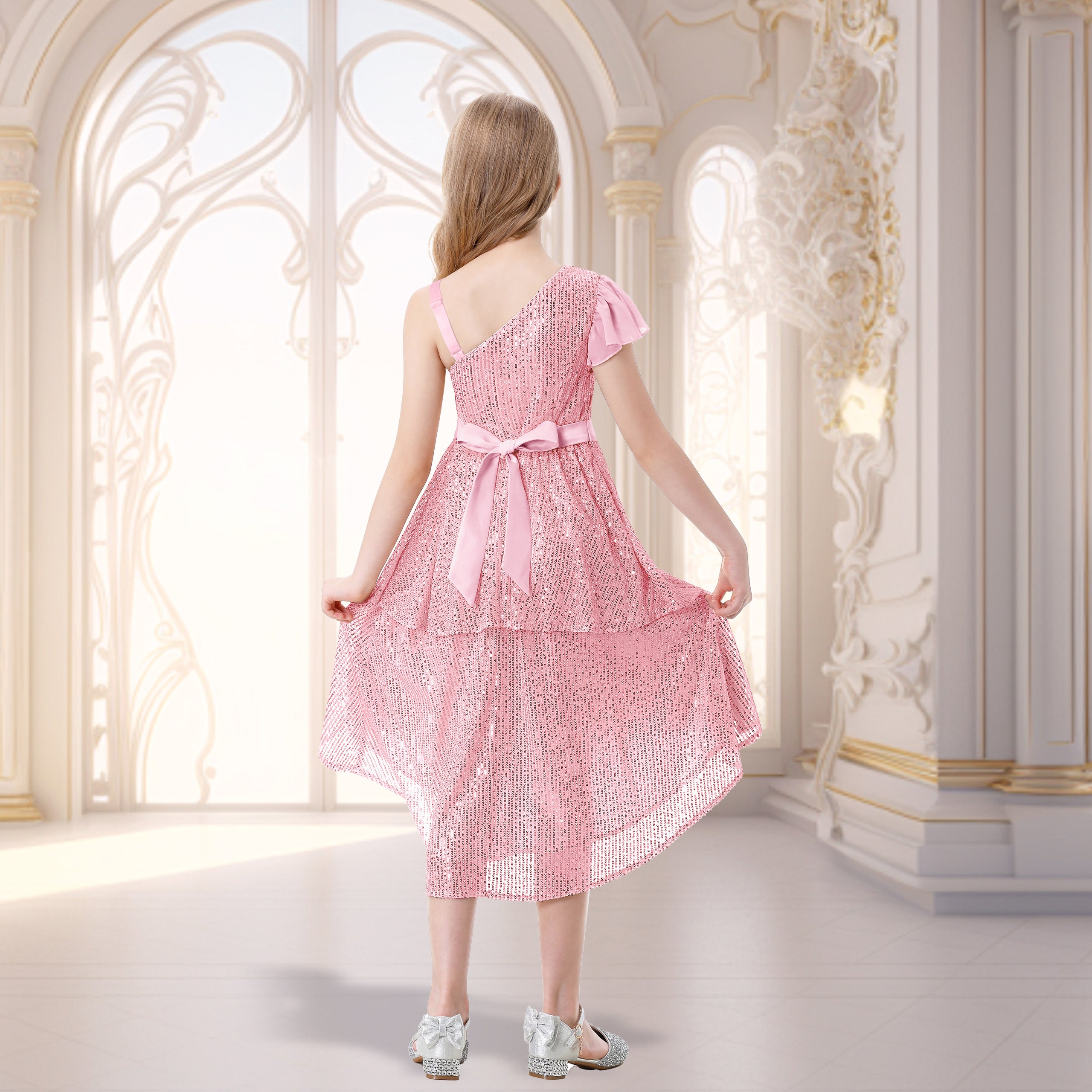 Girls Sequin Dress One Shoulder Layered Sparkle High Low Dresses