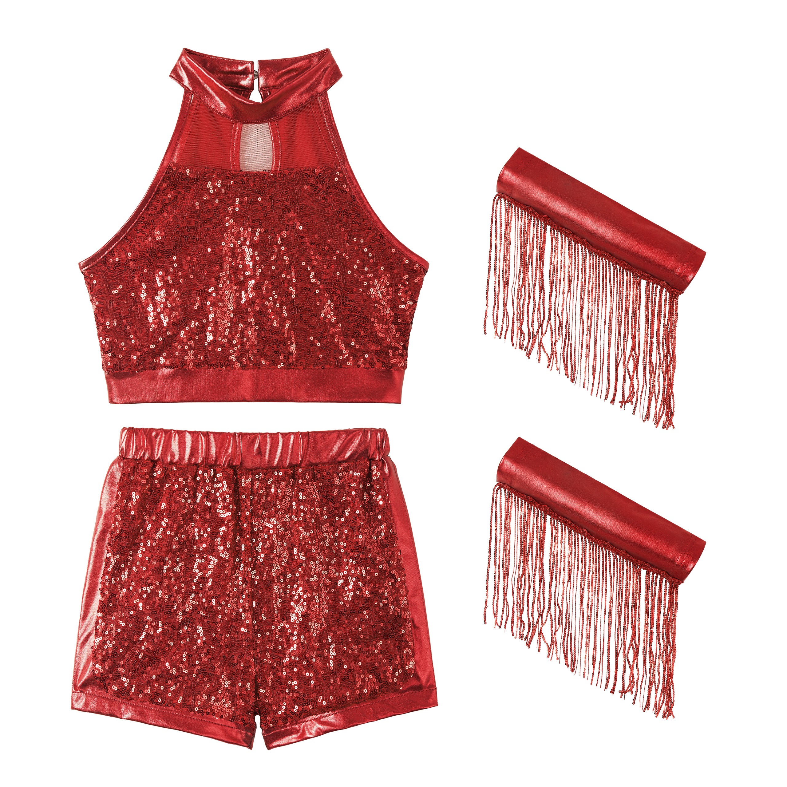 Girls’ Sequin Dance Outfit Crop Sequin Top Metallic Shorts with Tassel Arm Sleeves