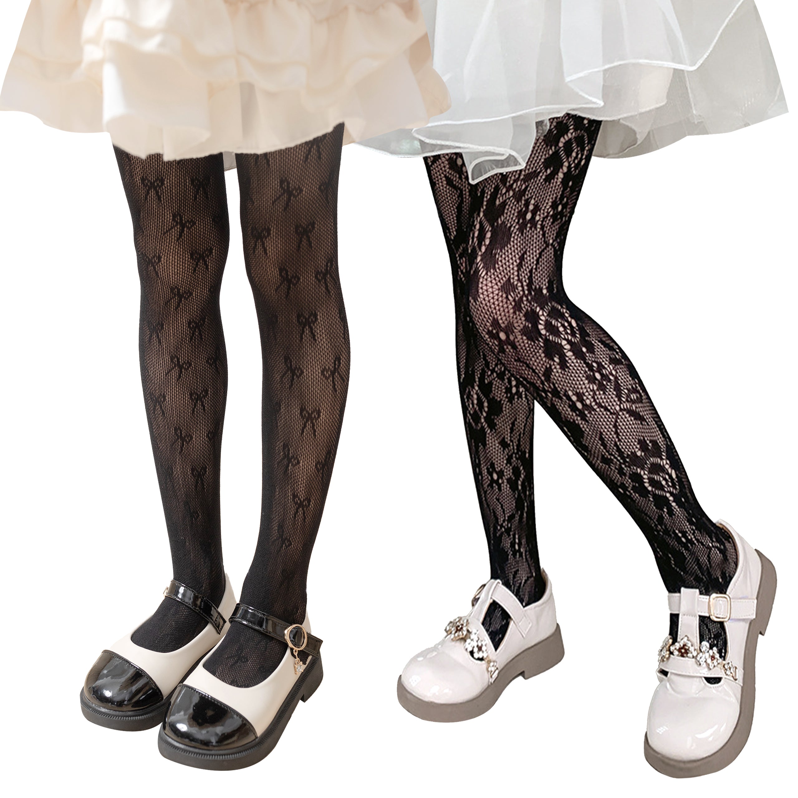 Girls Lace Tights Kids Sheer Patterned Fishnet Stockings 2 Pack Hollow Dance Pantyhose