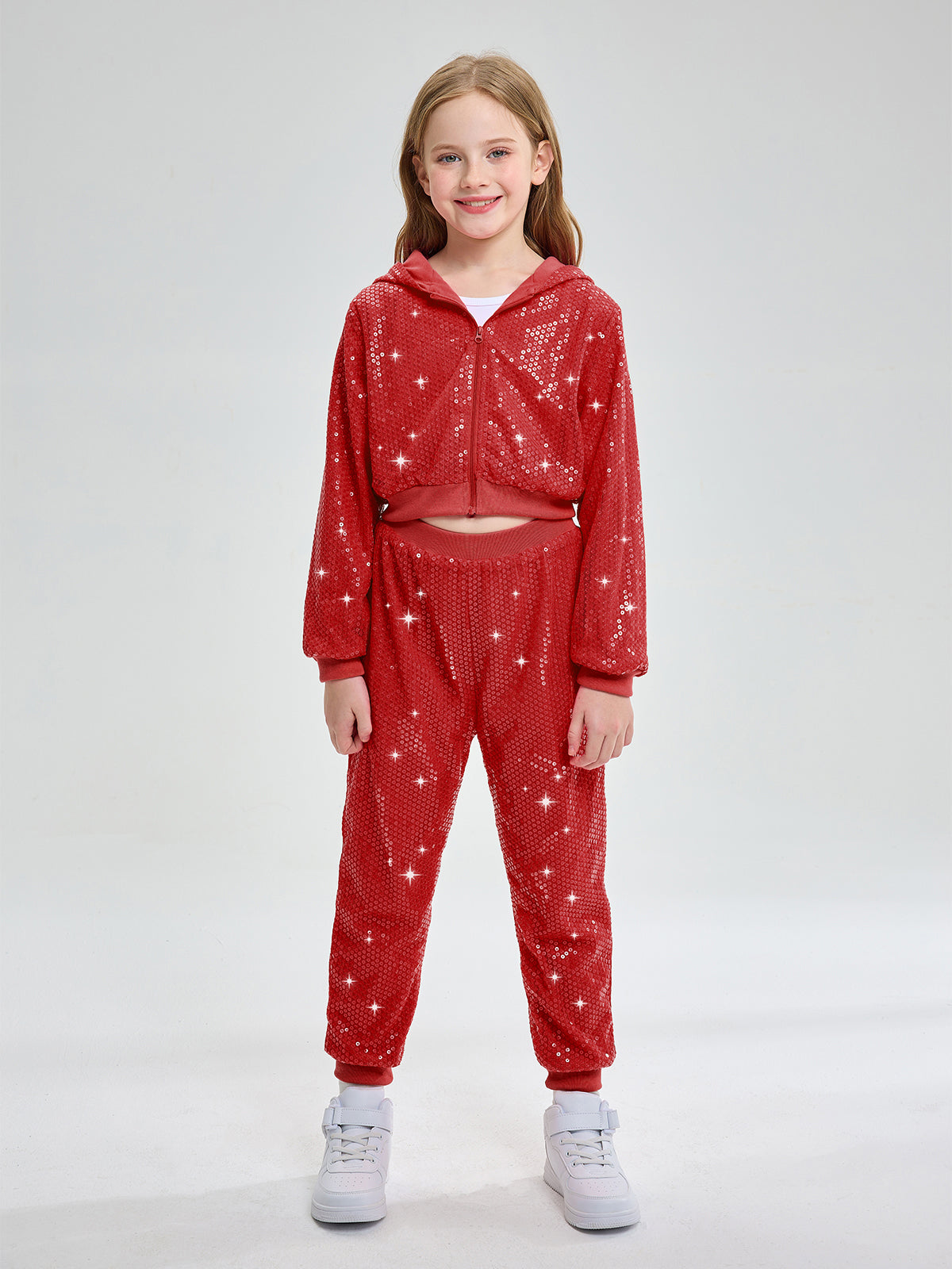 Girls 2Pcs Cropped Sequin Jacket Pants Set Hip Hop Dance Costumes